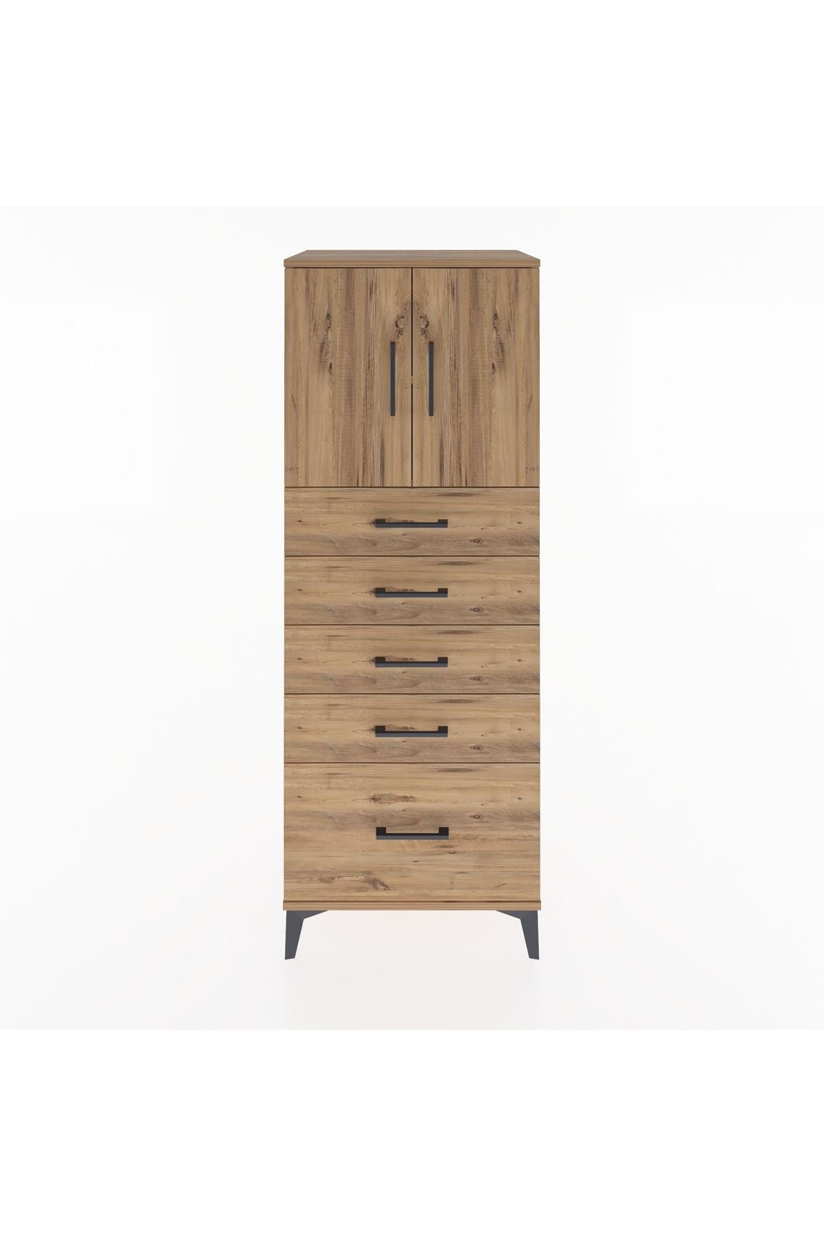 Hyperion Dolap 2 Raflı 5 Çekmeceli 2 Kapaklı 60x44x163 Çam-Çam