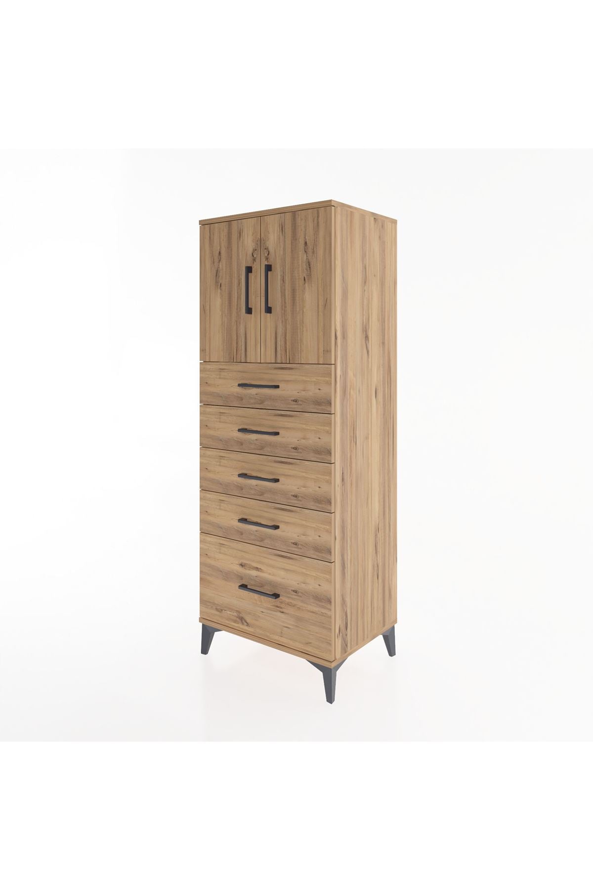 Hyperion Dolap 2 Raflı 5 Çekmeceli 2 Kapaklı 60x44x163 Çam-Çam