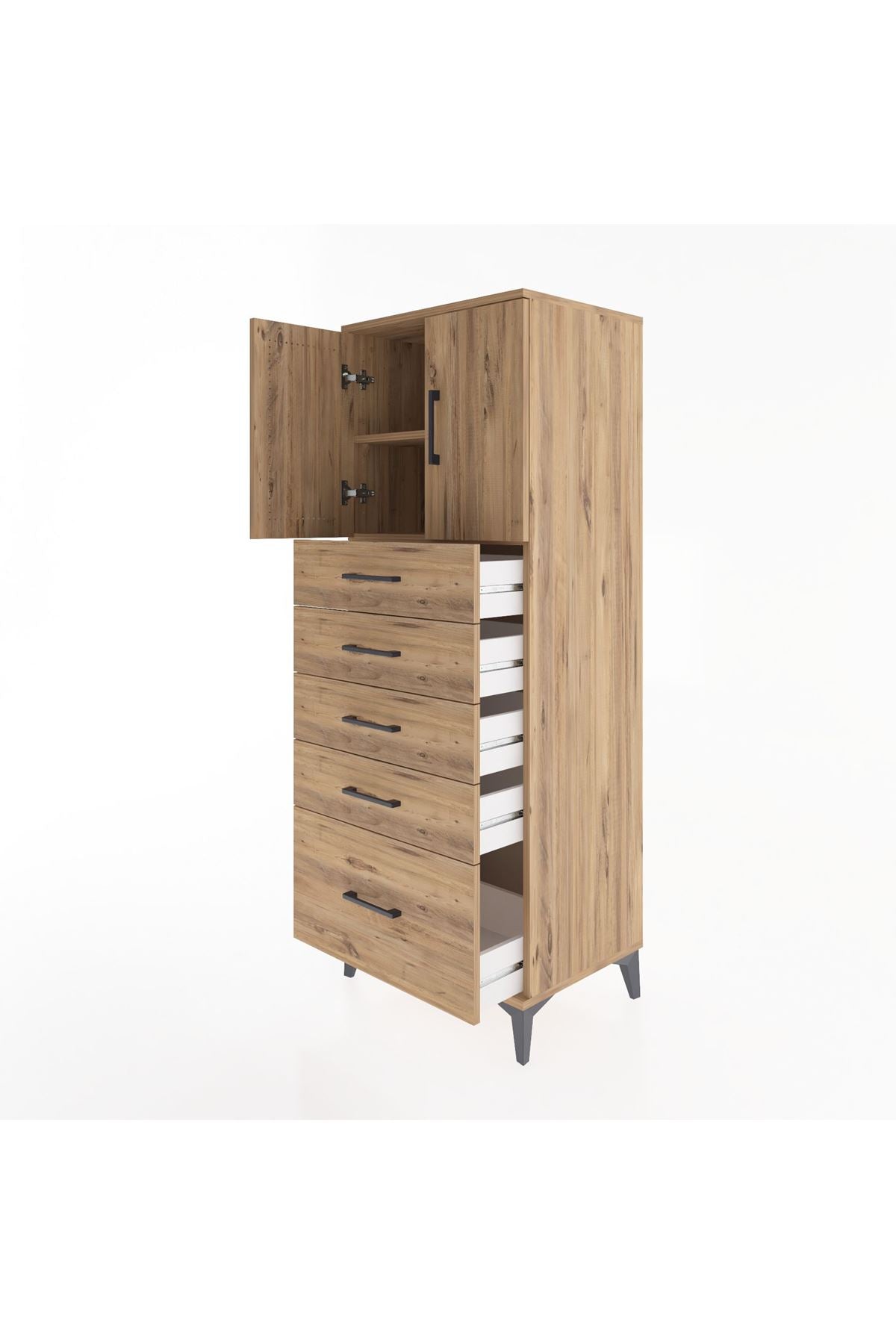 Hyperion Dolap 2 Raflı 5 Çekmeceli 2 Kapaklı 60x44x163 Çam-Çam