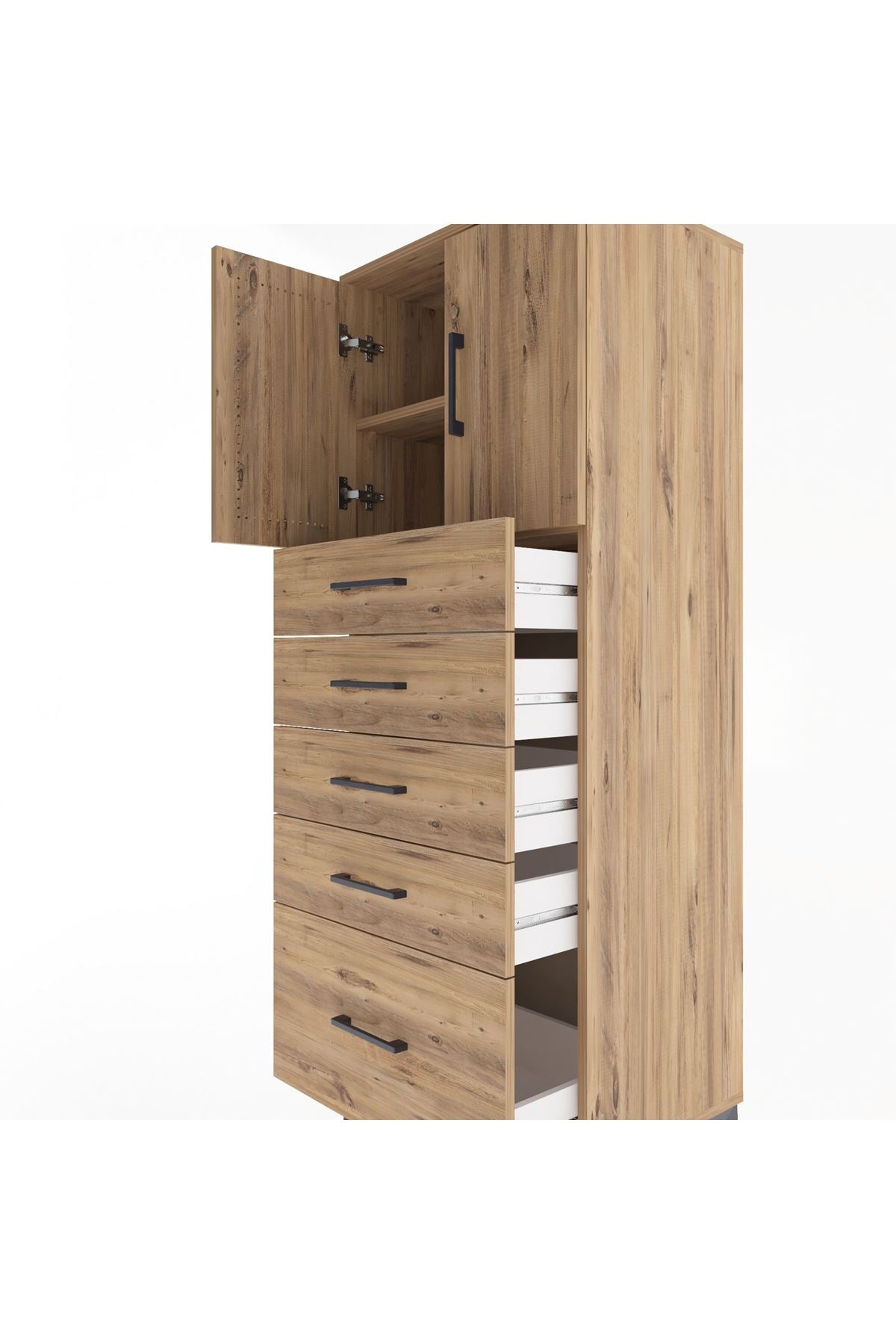 Hyperion Dolap 2 Raflı 5 Çekmeceli 2 Kapaklı 60x44x163 Çam-Çam