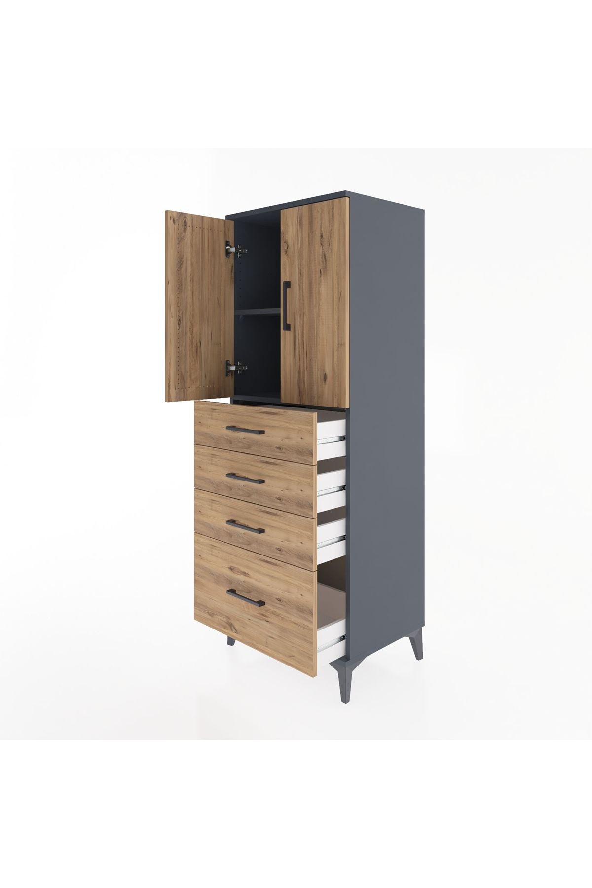 Hyperion Dolap 2 Raflı 4 Çekmeceli 2 Kapaklı 60x44x163 Antrasit-Çam