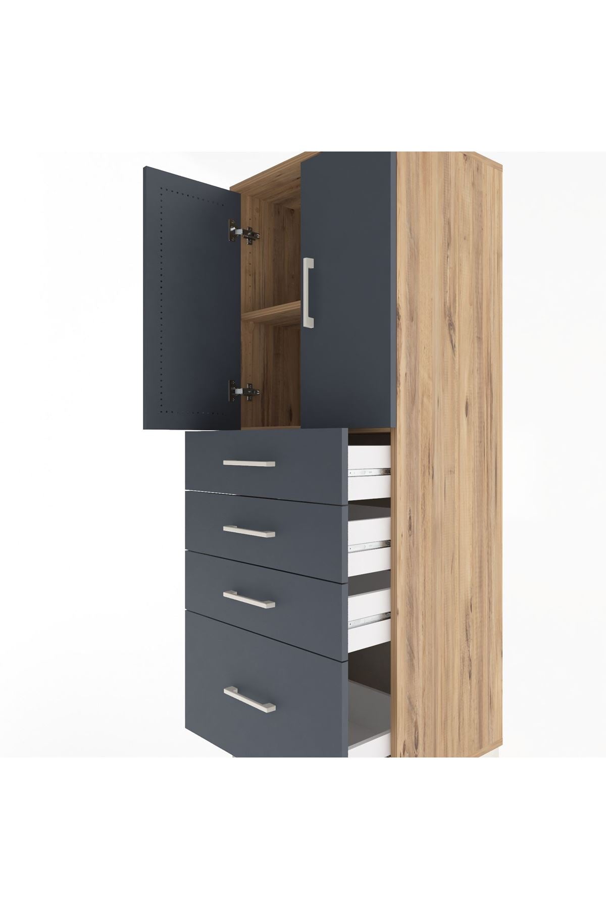 Hyperion Dolap 2 Raflı 4 Çekmeceli 2 Kapaklı 60x44x163 Çam-Antrasit
