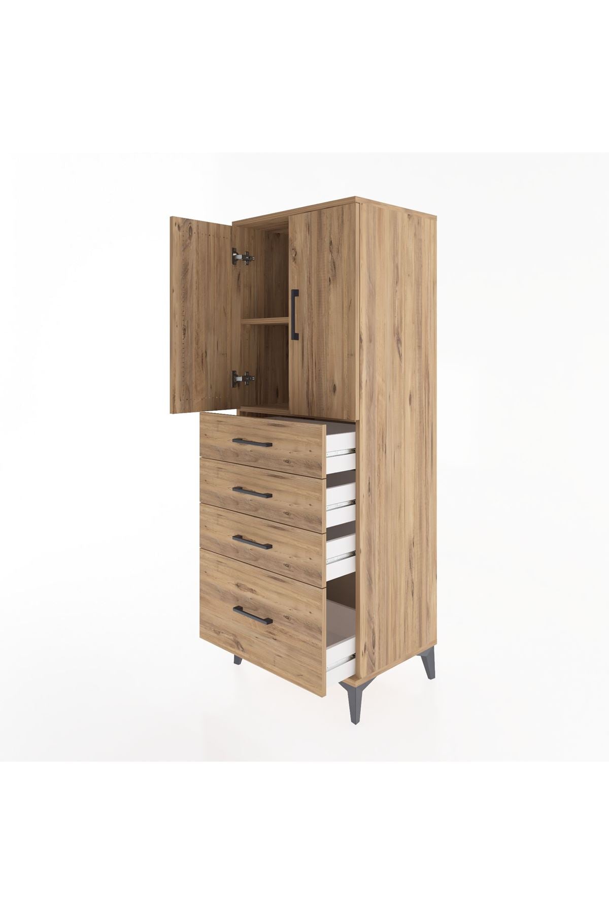 Hyperion Dolap 2 Raflı 4 Çekmeceli 2 Kapaklı 60x44x163 Çam-Çam