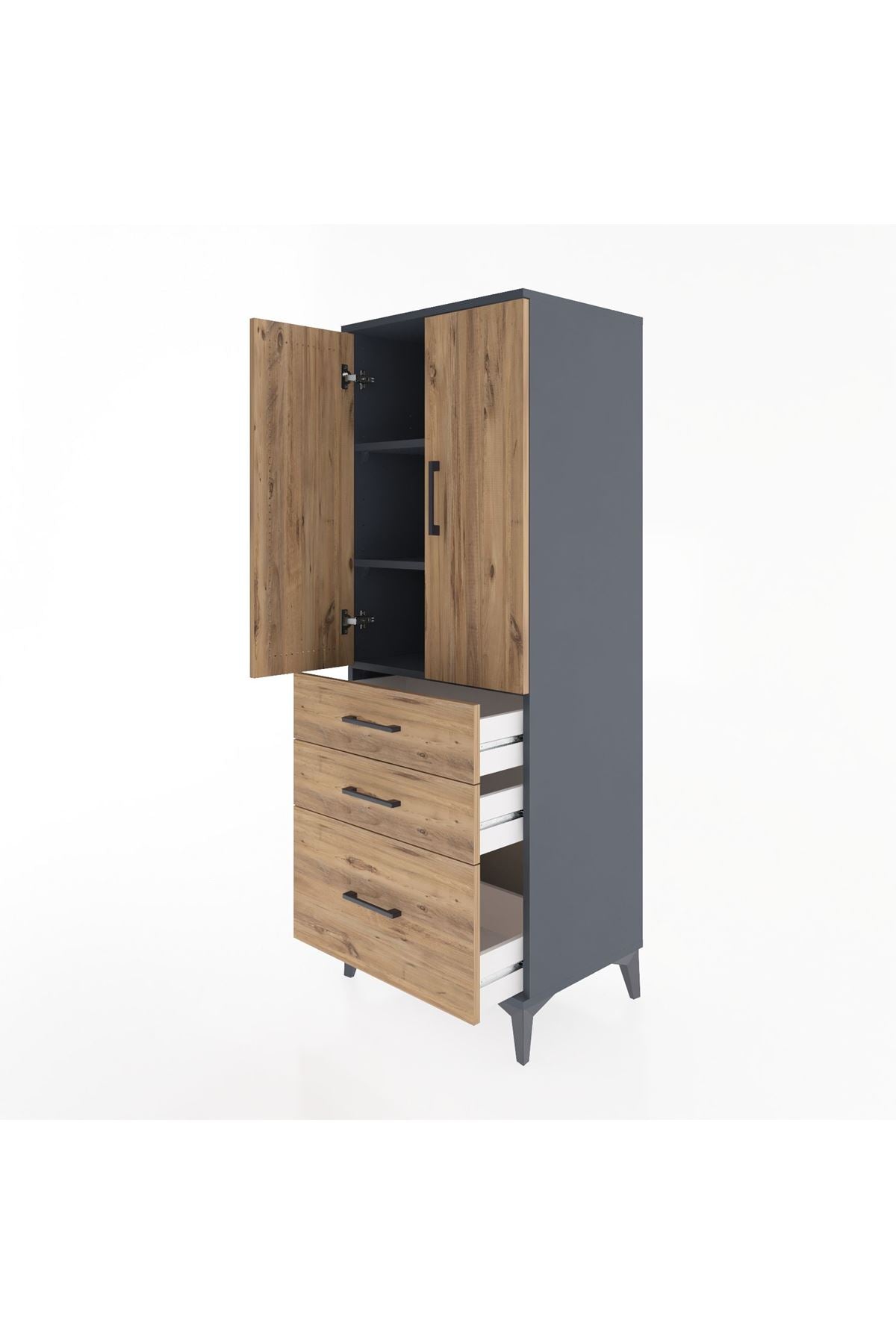 Hyperion Dolap 3 Raflı 3 Çekmeceli 2 Kapaklı 60x44x163 Antrasit-Çam
