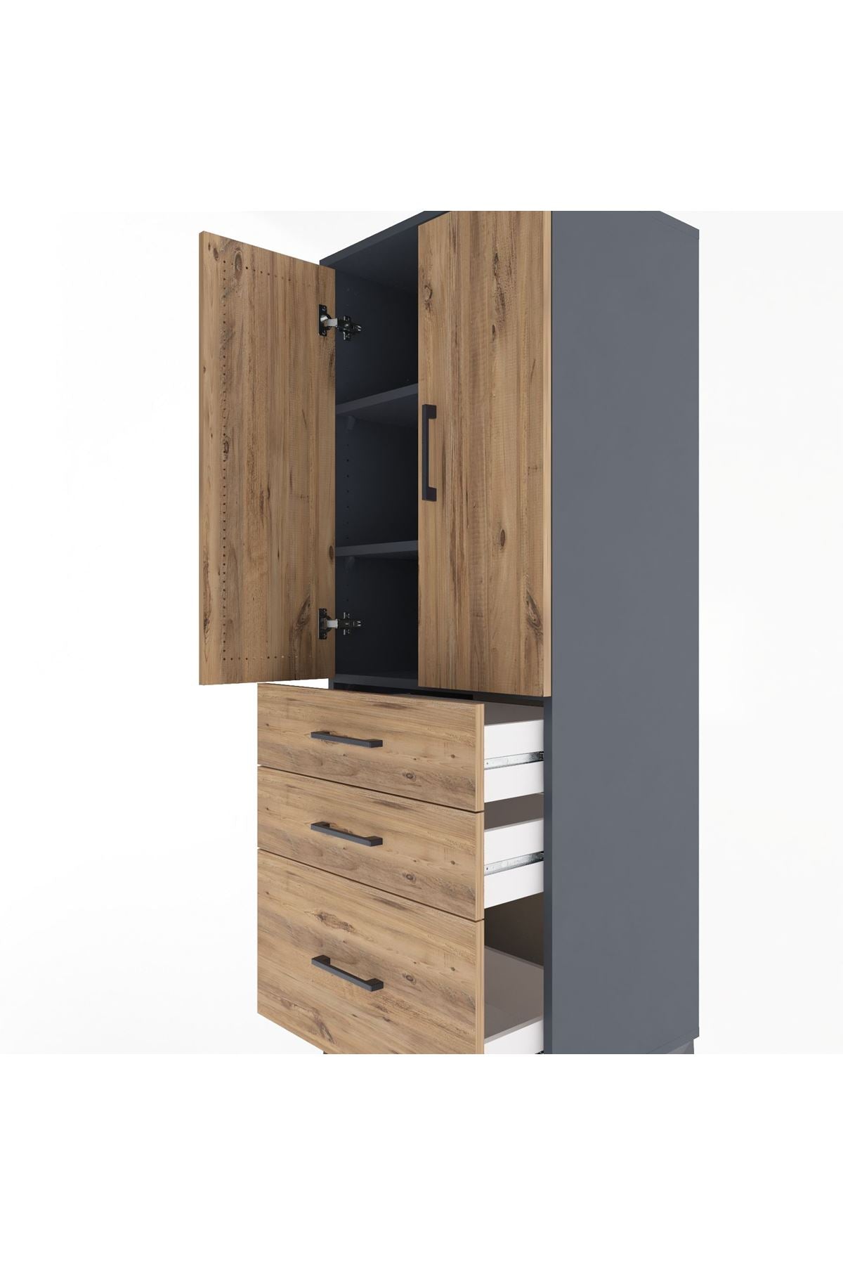 Hyperion Dolap 3 Raflı 3 Çekmeceli 2 Kapaklı 60x44x163 Antrasit-Çam