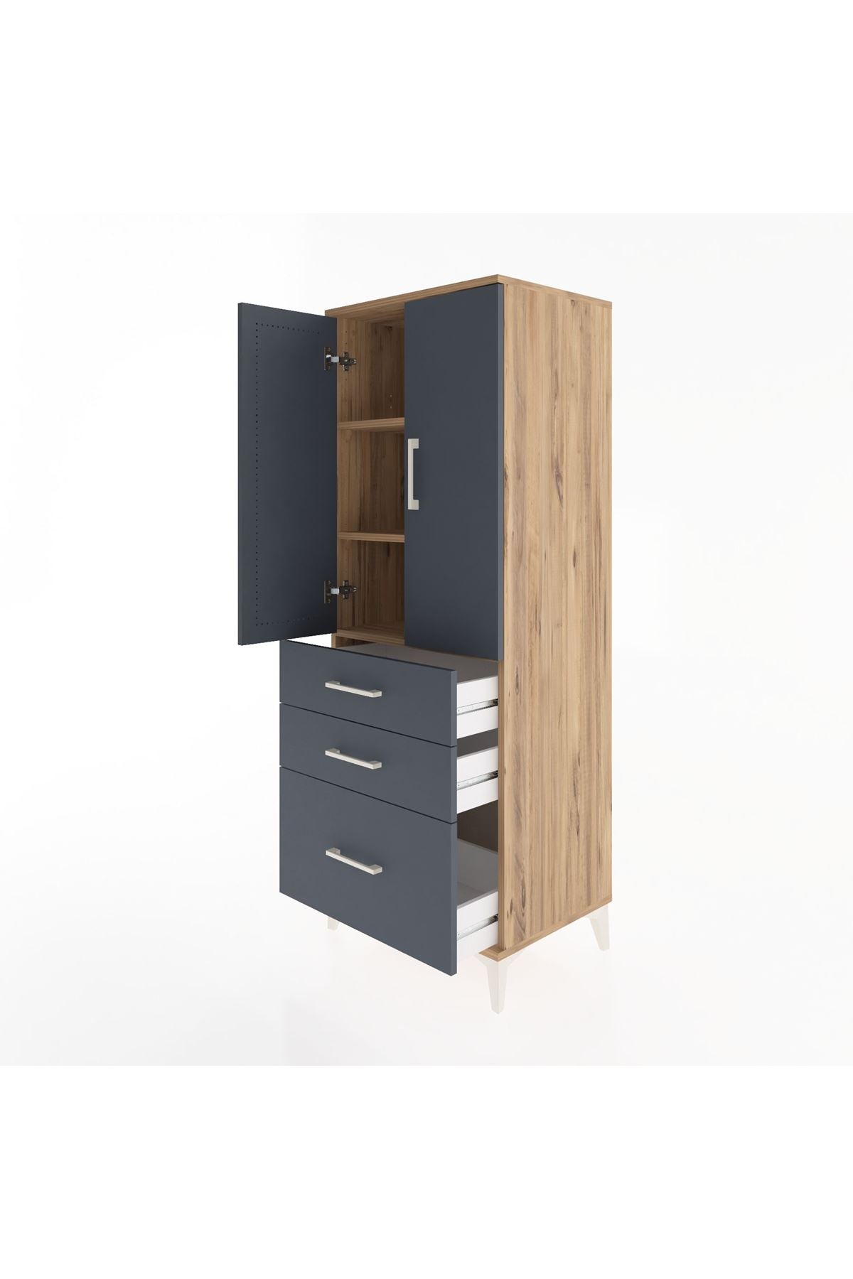 Hyperion Dolap 3 Raflı 3 Çekmeceli 2 Kapaklı 60x44x163 Çam-Antrasit