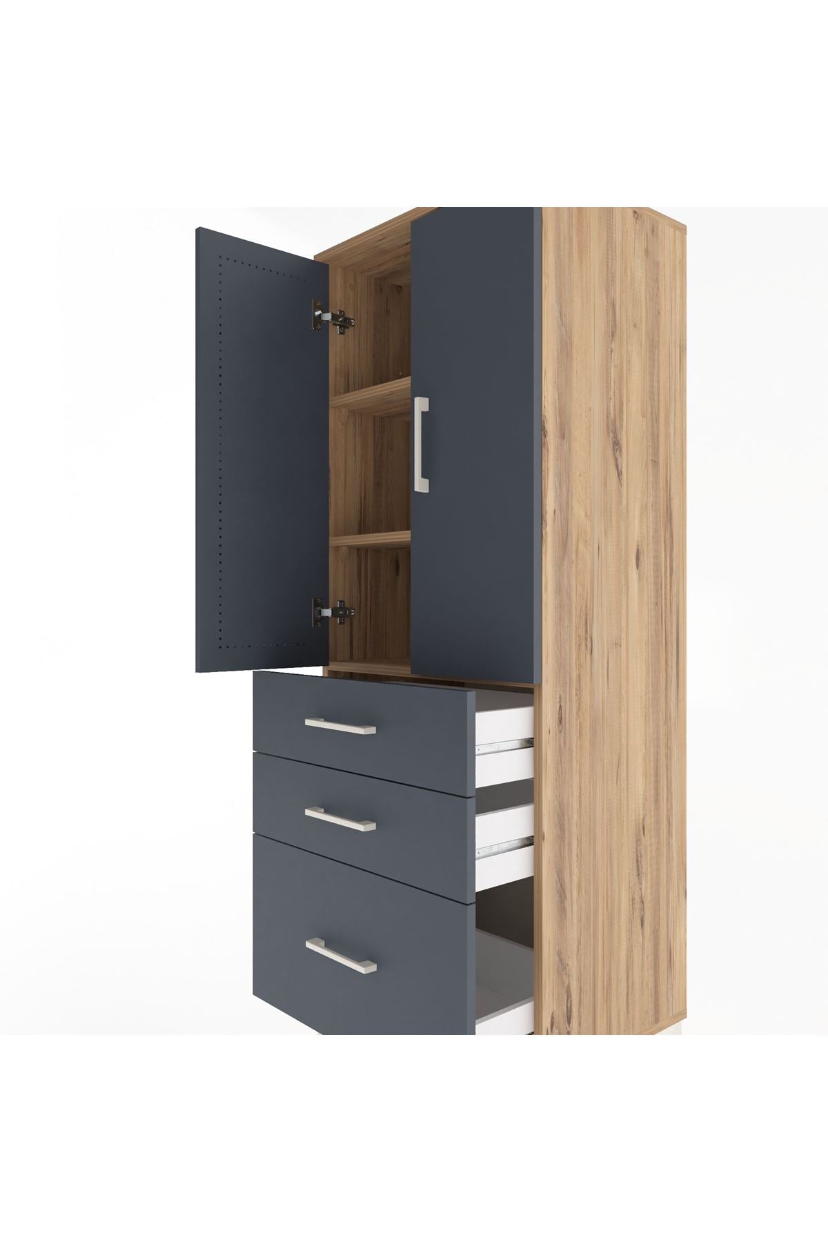Hyperion Dolap 3 Raflı 3 Çekmeceli 2 Kapaklı 60x44x163 Çam-Antrasit
