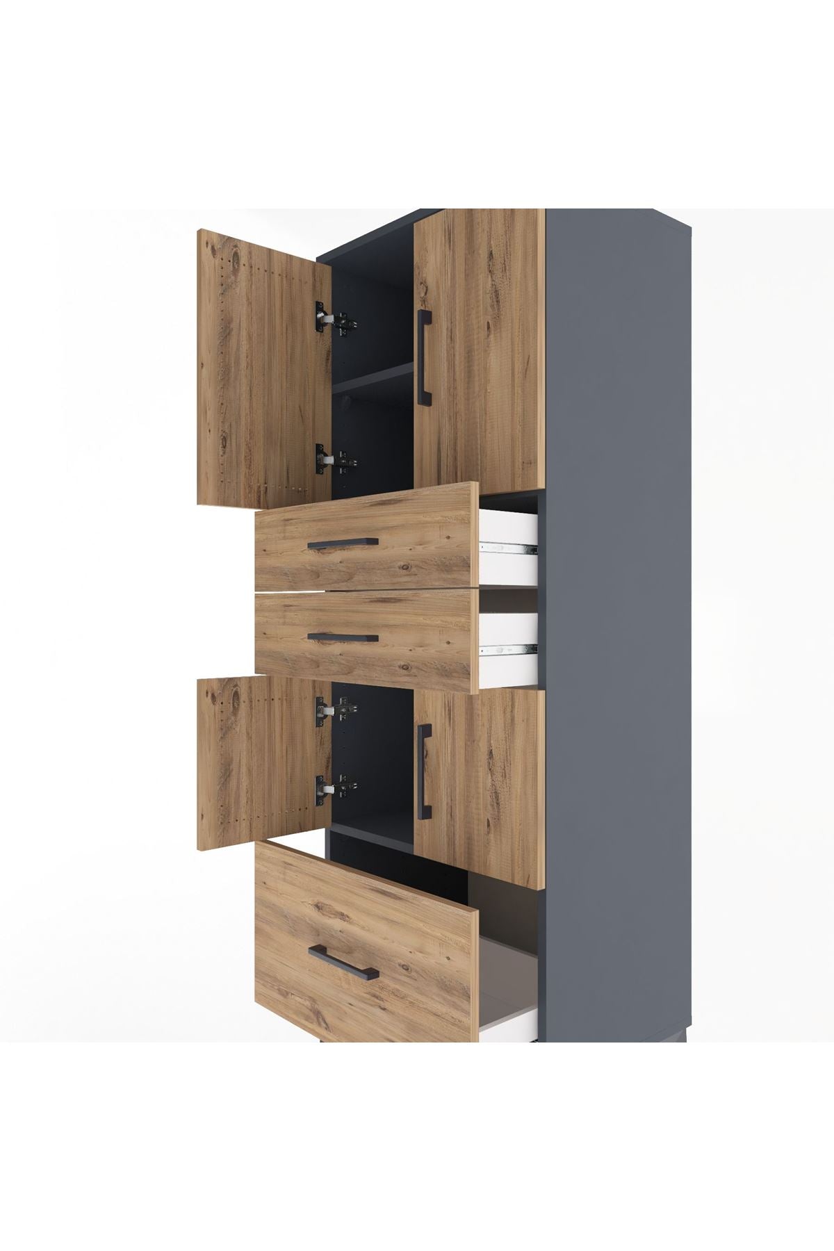 Hyperion Dolap 3 Raflı 3 Çekmeceli 4 Kapaklı 60x44x163 Antrasit-Çam