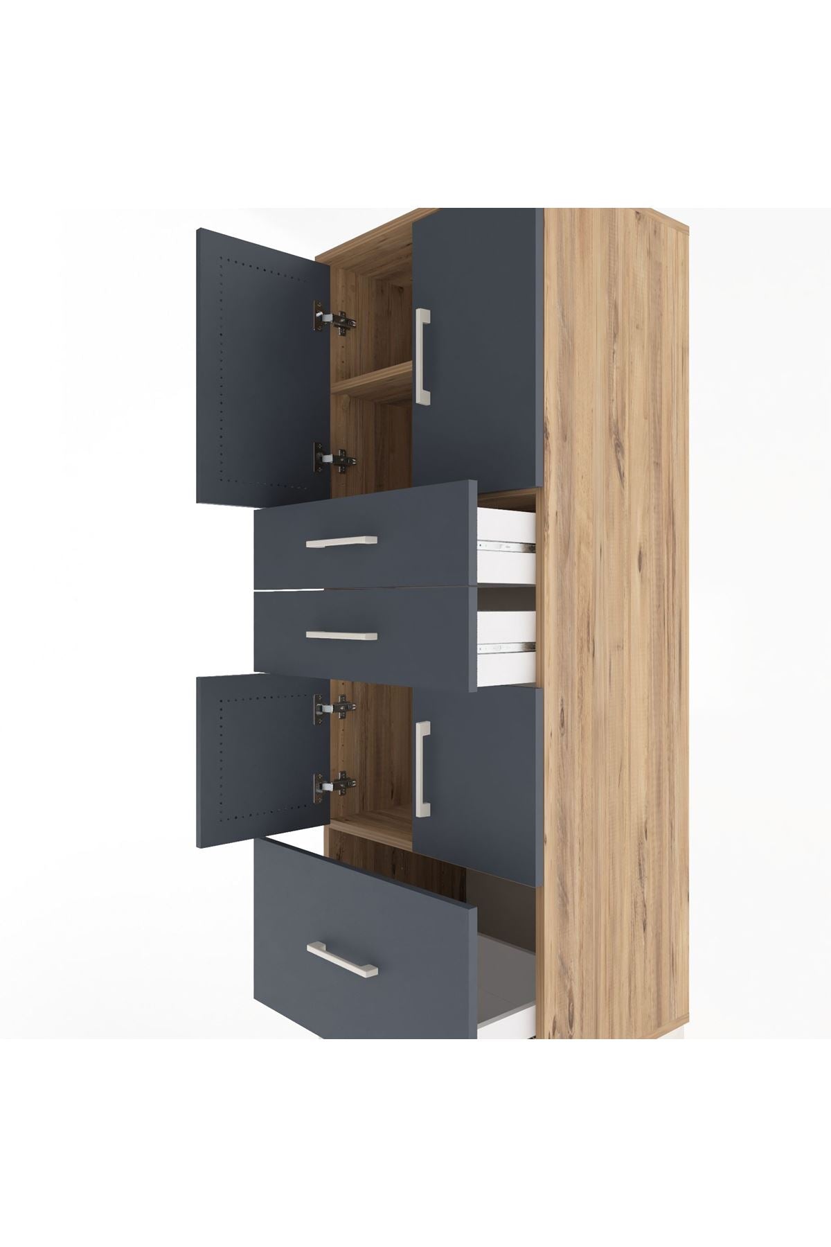 Hyperion Dolap 3 Raflı 3 Çekmeceli 4 Kapaklı 60x44x163 Çam-Antrasit