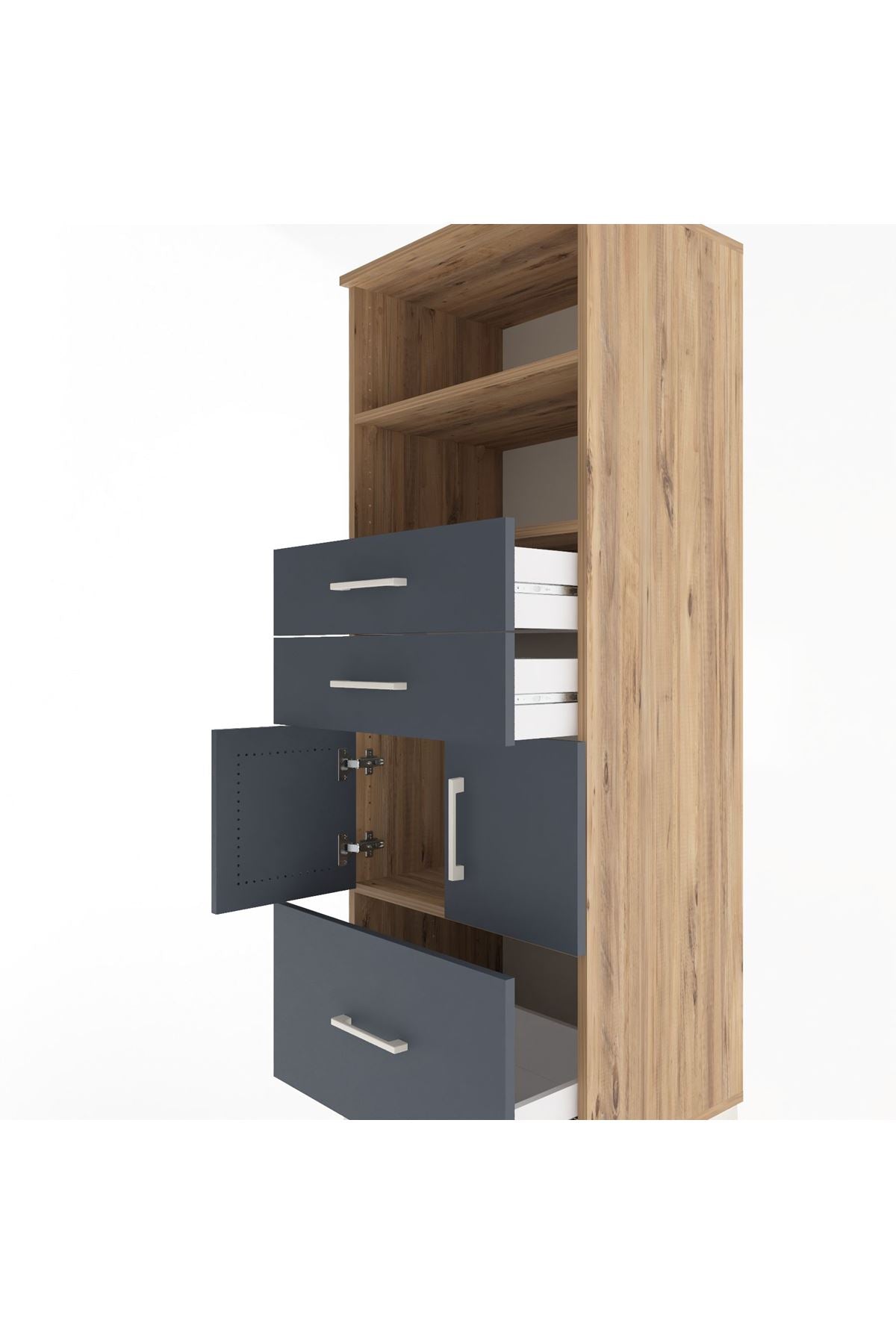 Hyperion Dolap 3 Raflı 3 Çekmeceli 2 Kapaklı 60x44x163 Çam-Antrasit