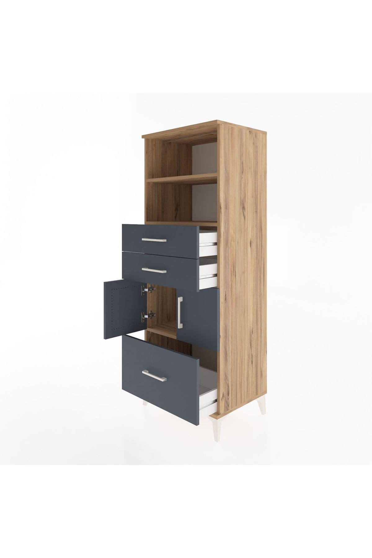 Hyperion Dolap 3 Raflı 3 Çekmeceli 2 Kapaklı 60x44x163 Çam-Antrasit