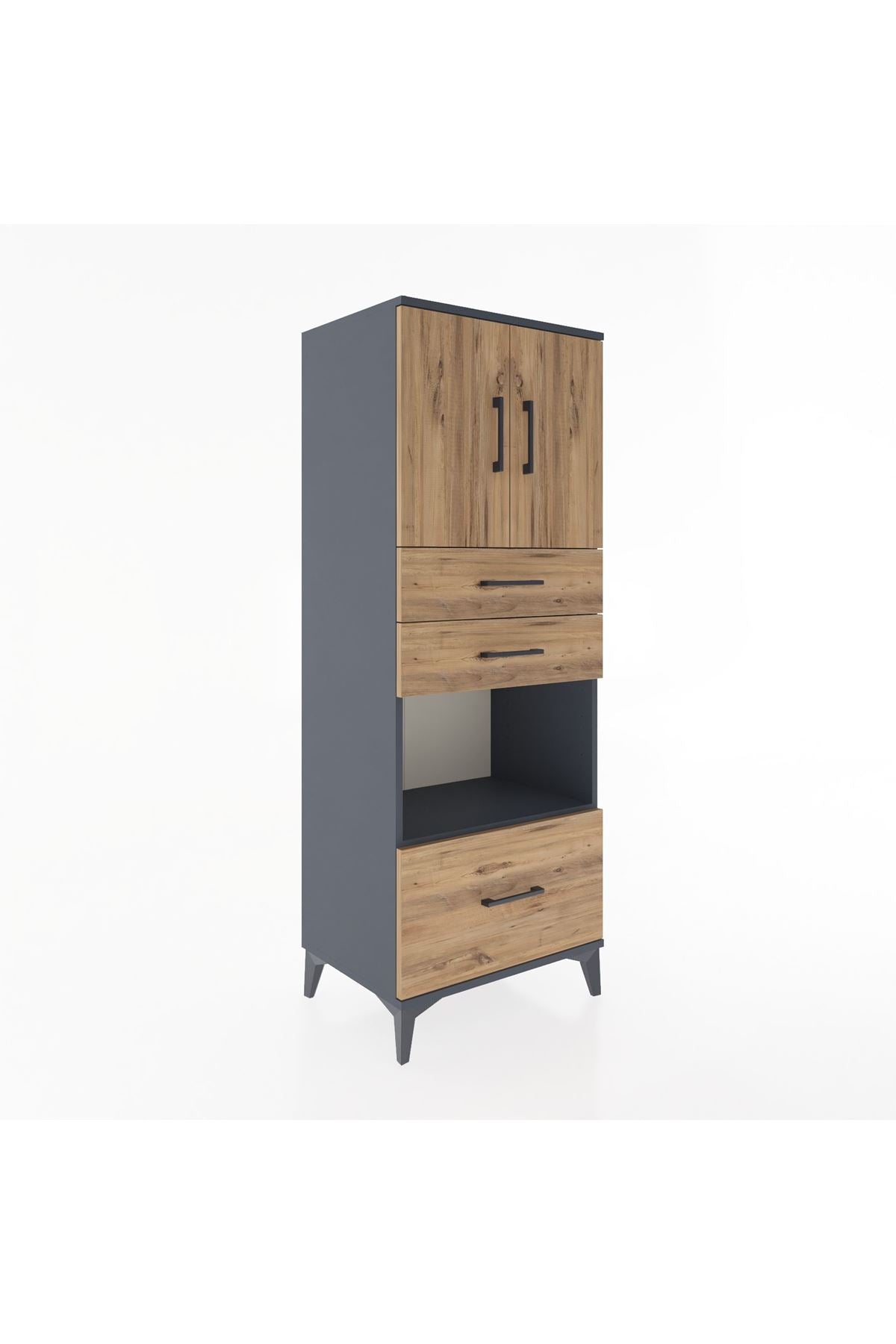 Hyperion Dolap 3 Raflı 3 Çekmeceli 2 Kapaklı 60x44x163 Antrasit-Çam