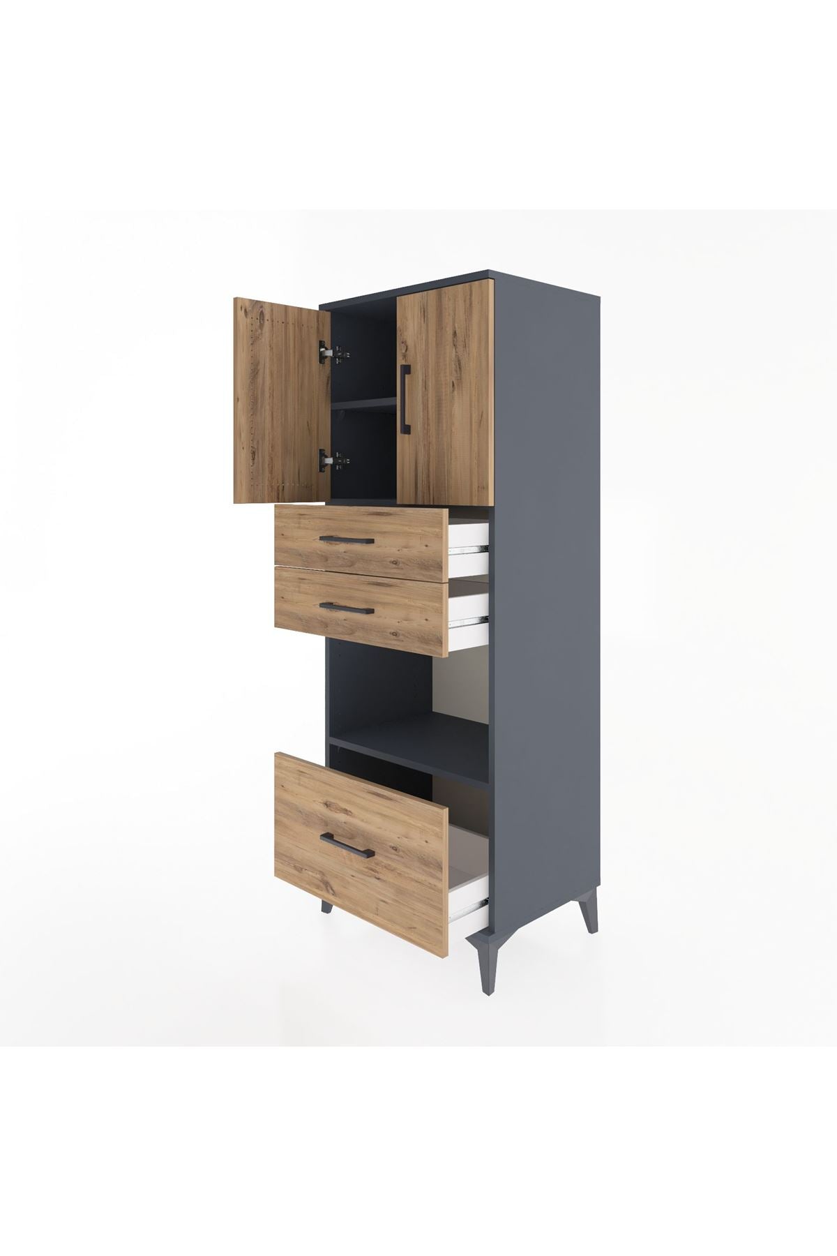 Hyperion Dolap 3 Raflı 3 Çekmeceli 2 Kapaklı 60x44x163 Antrasit-Çam