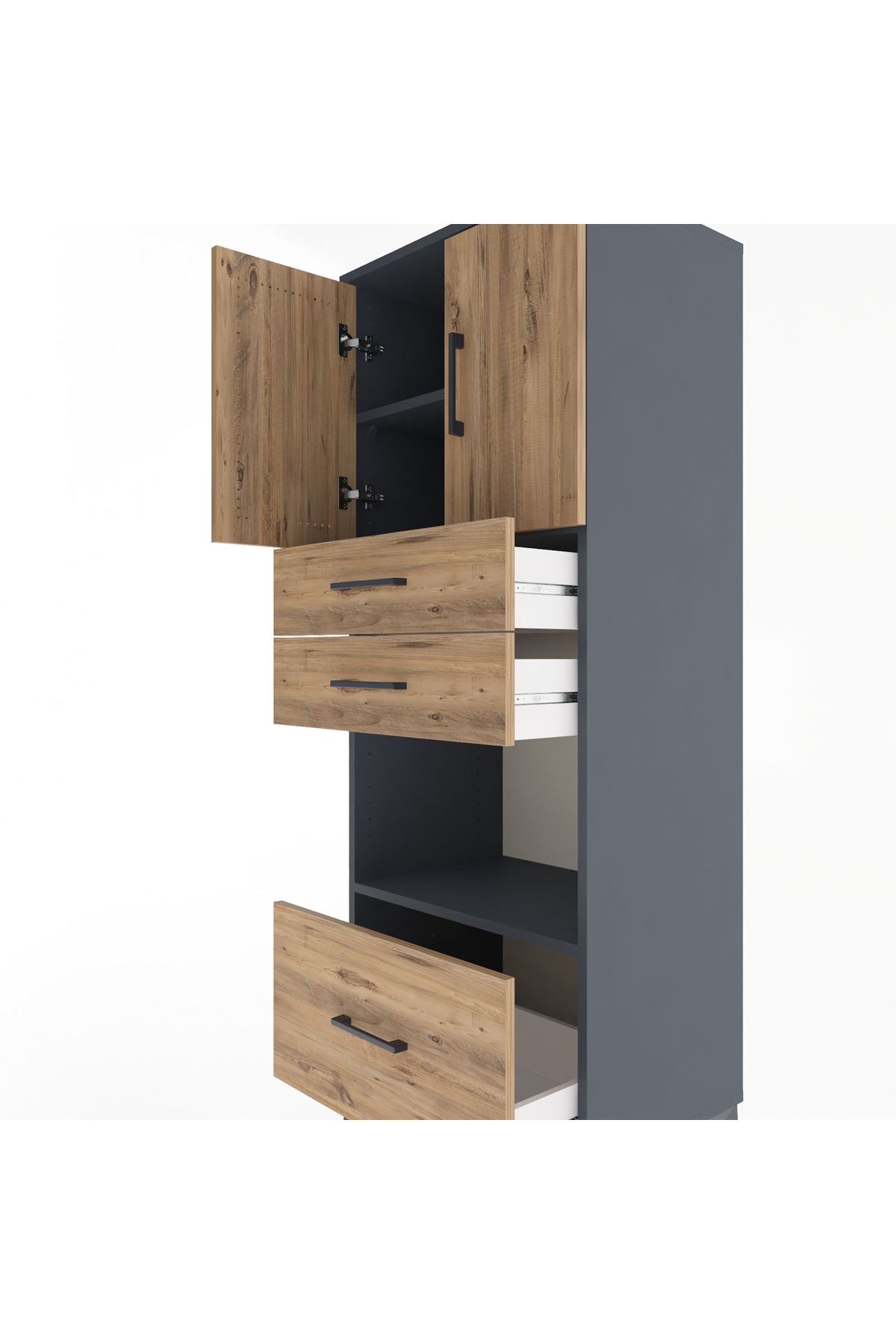 Hyperion Dolap 3 Raflı 3 Çekmeceli 2 Kapaklı 60x44x163 Antrasit-Çam