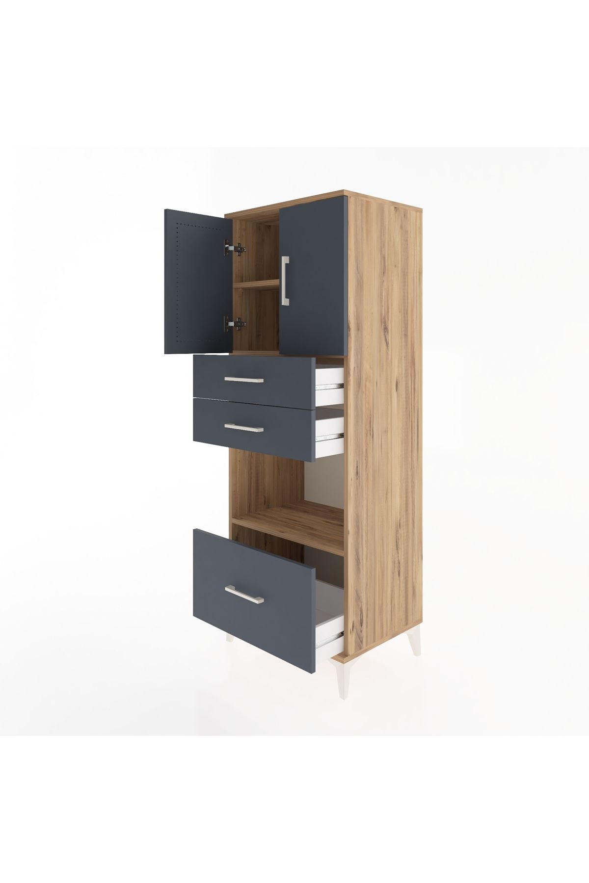 Hyperion Dolap 3 Raflı 3 Çekmeceli 2 Kapaklı 60x44x163 Çam-Antrasit