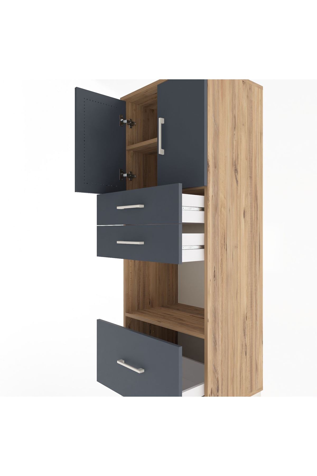 Hyperion Dolap 3 Raflı 3 Çekmeceli 2 Kapaklı 60x44x163 Çam-Antrasit