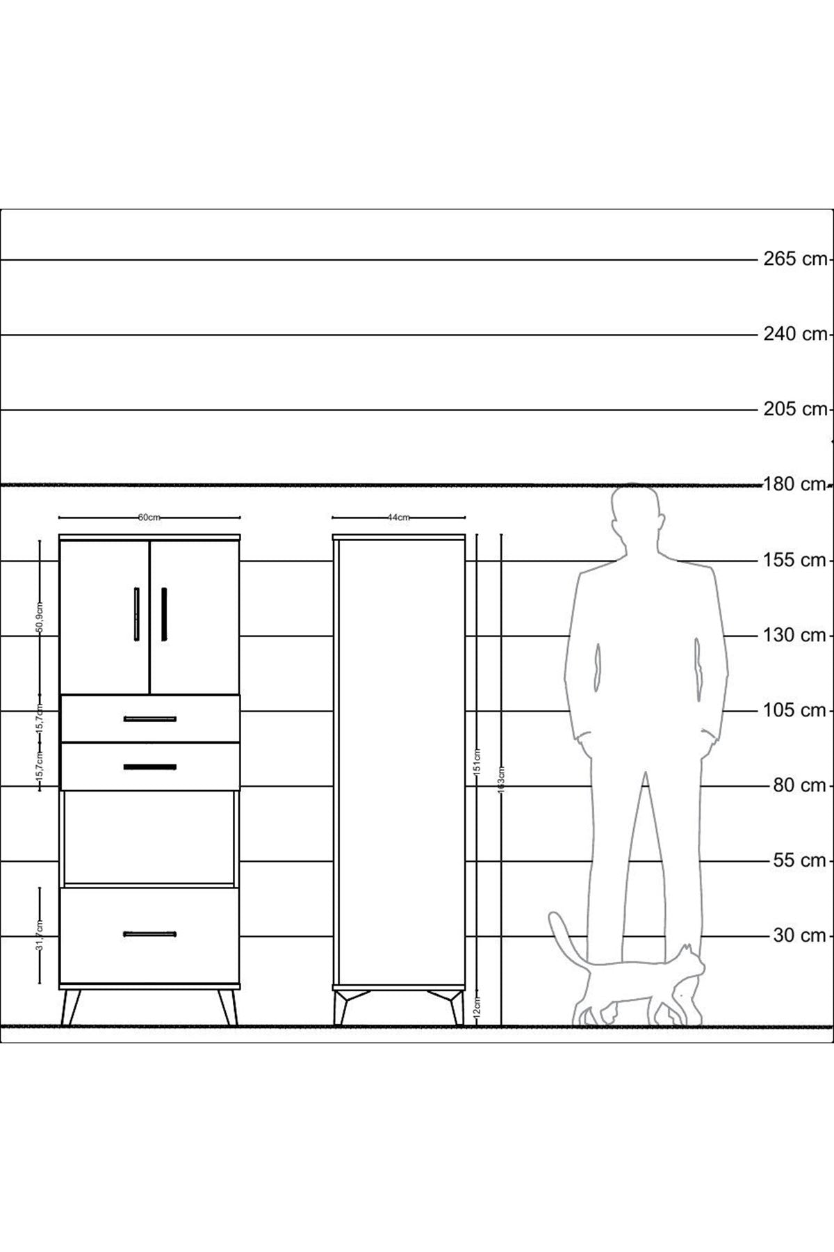 Hyperion Dolap 3 Raflı 3 Çekmeceli 2 Kapaklı 60x44x163 Çam-Çam