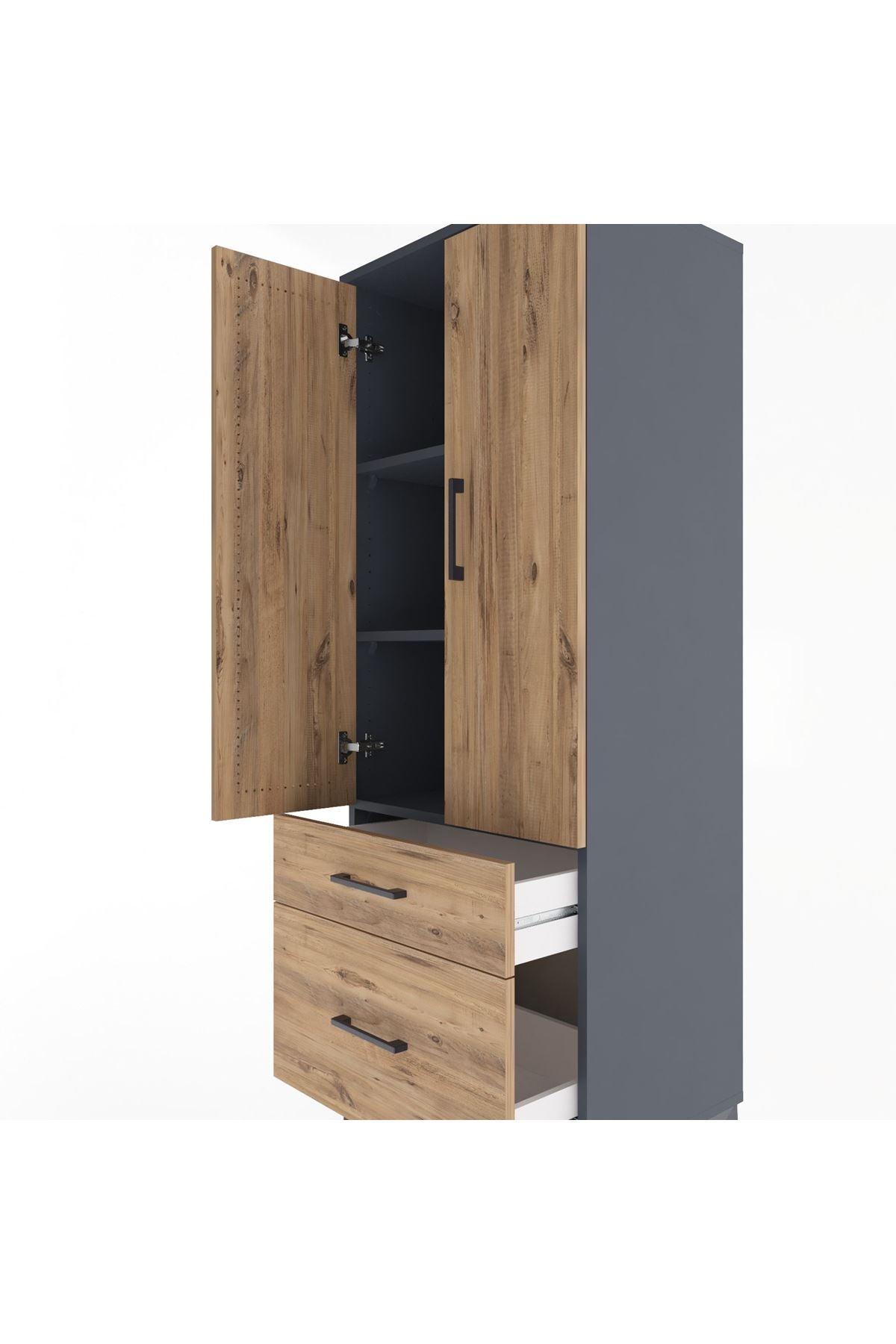 Hyperion Dolap 3 Raflı 2 Çekmeceli 2 Kapaklı 60x44x163 Antrasit-Çam