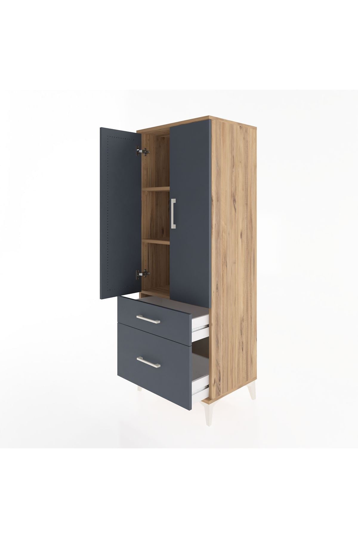Hyperion Dolap 3 Raflı 2 Çekmeceli 2 Kapaklı 60x44x163 Çam-Antrasit