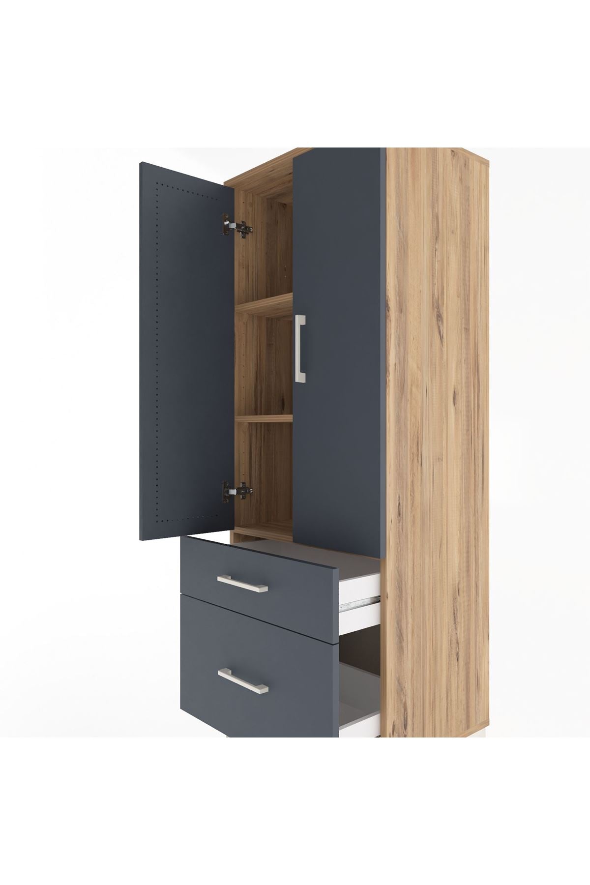 Hyperion Dolap 3 Raflı 2 Çekmeceli 2 Kapaklı 60x44x163 Çam-Antrasit