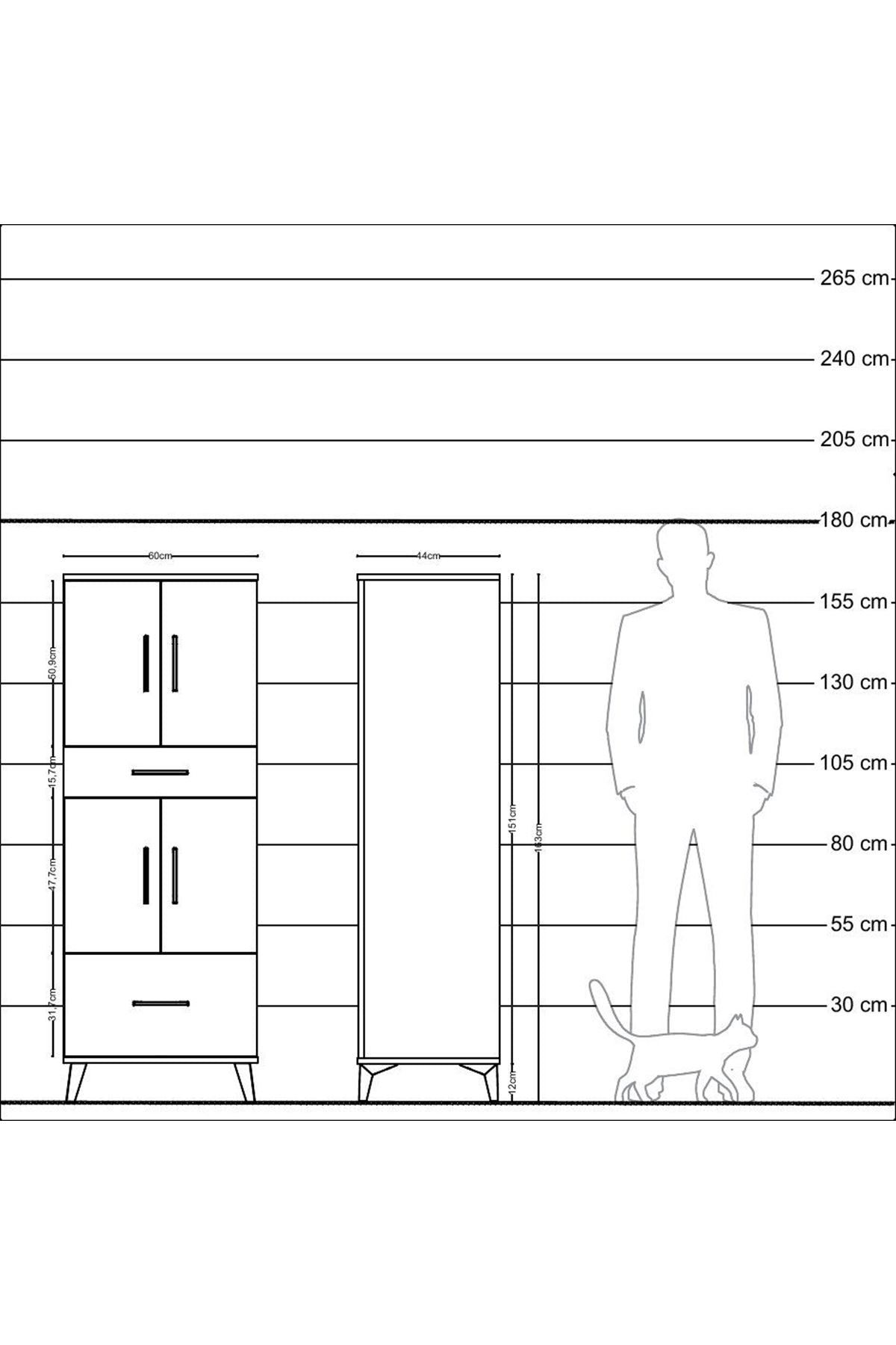 Hyperion Dolap 2 Raflı 2 Çekmeceli 4 Kapaklı 60x44x163 Çam-Antrasit