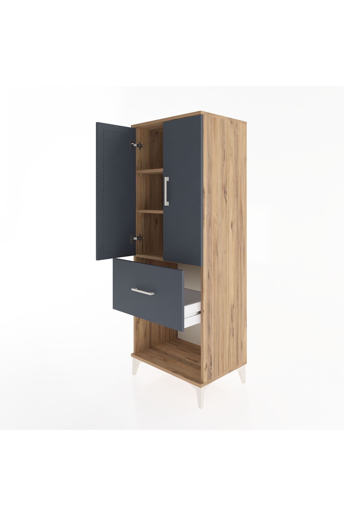 Hyperion Dolap 3 Raflı Tek Çekmeceli 2 Kapaklı 60x44x163 Çam-Antrasit