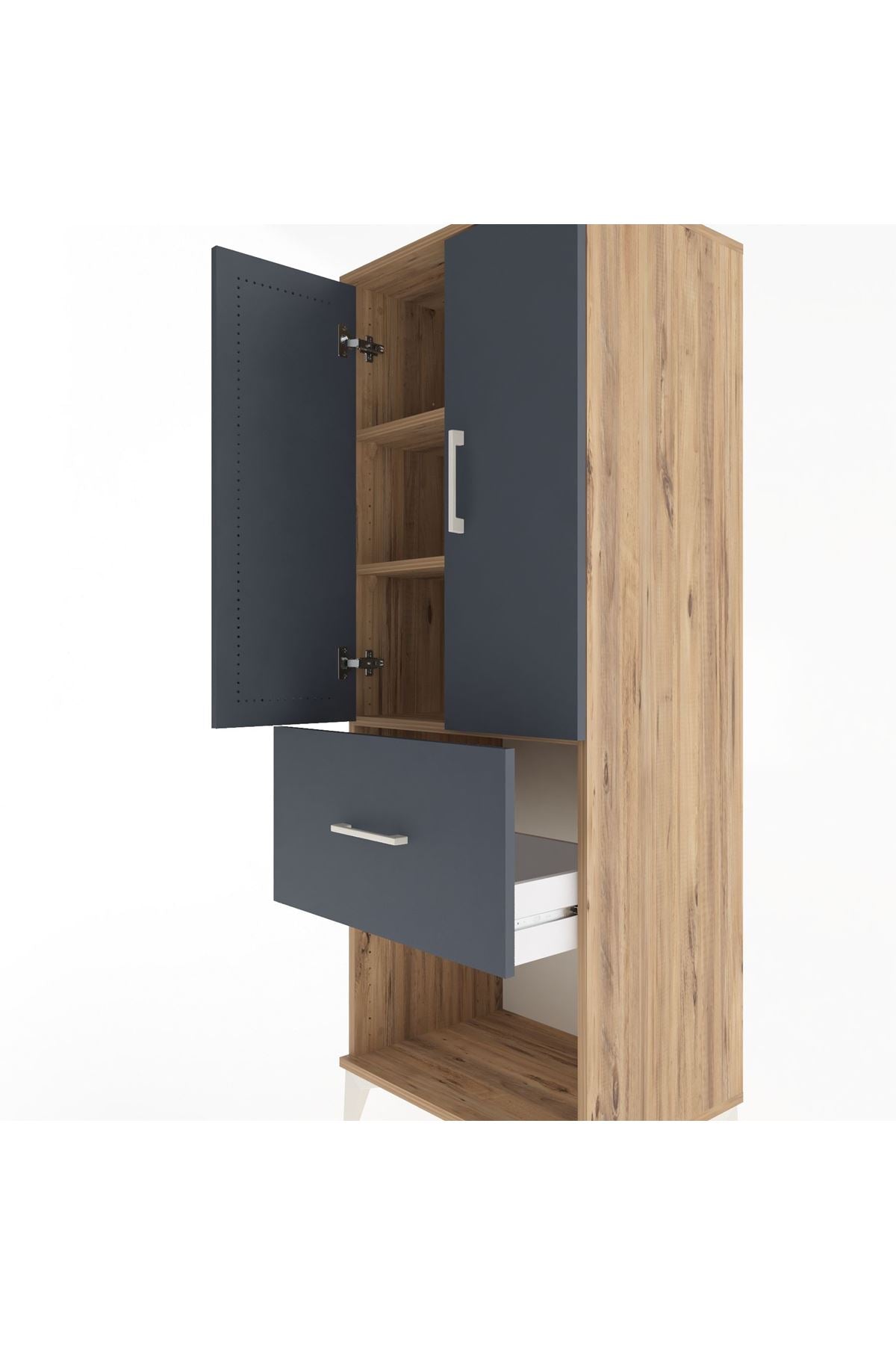 Hyperion Dolap 3 Raflı Tek Çekmeceli 2 Kapaklı 60x44x163 Çam-Antrasit