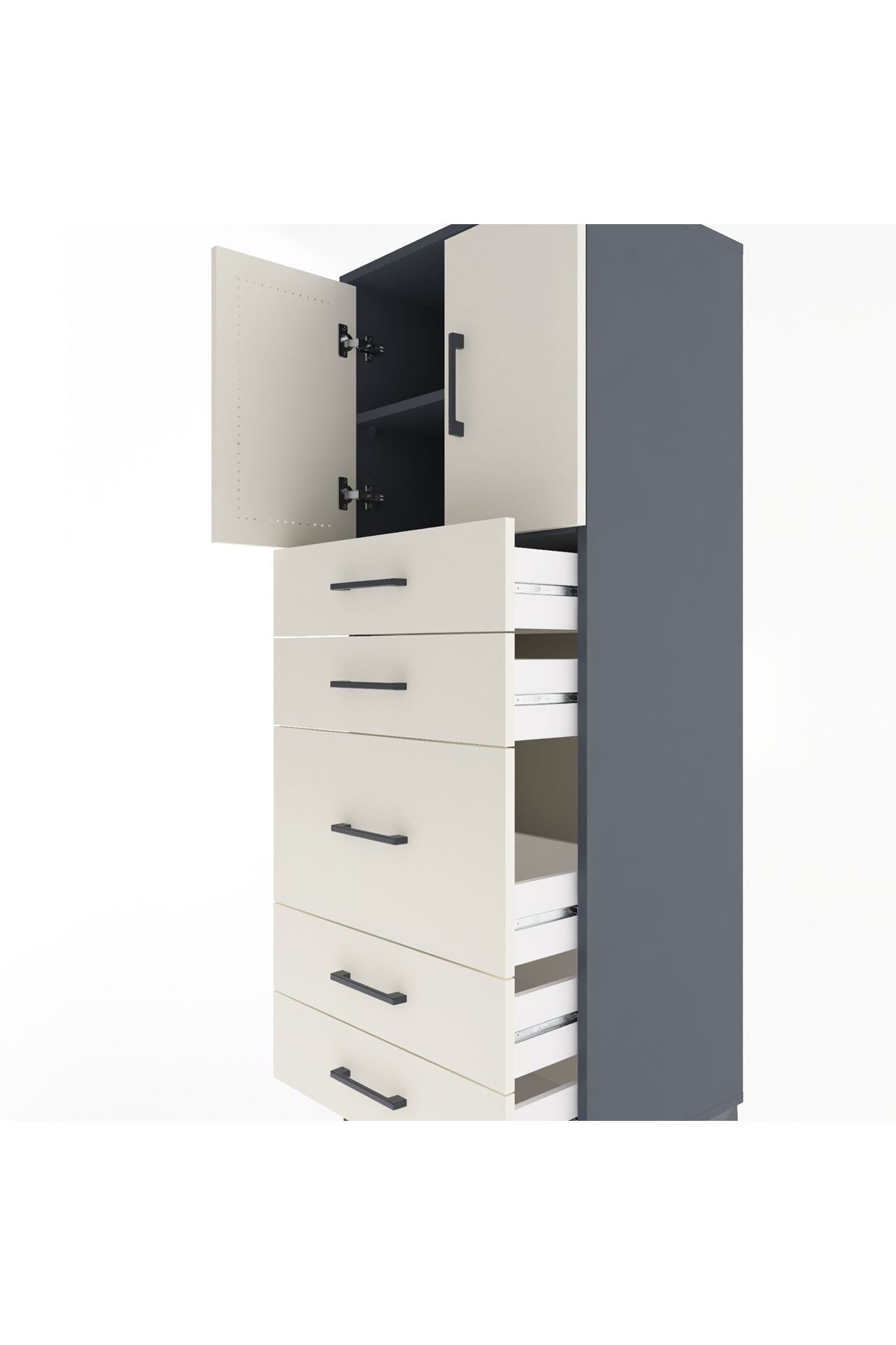 Hyperion Dolap 2 Raflı 5 Çekmeceli 2 Kapaklı 60x44x163 Antrasit-Aytaşı