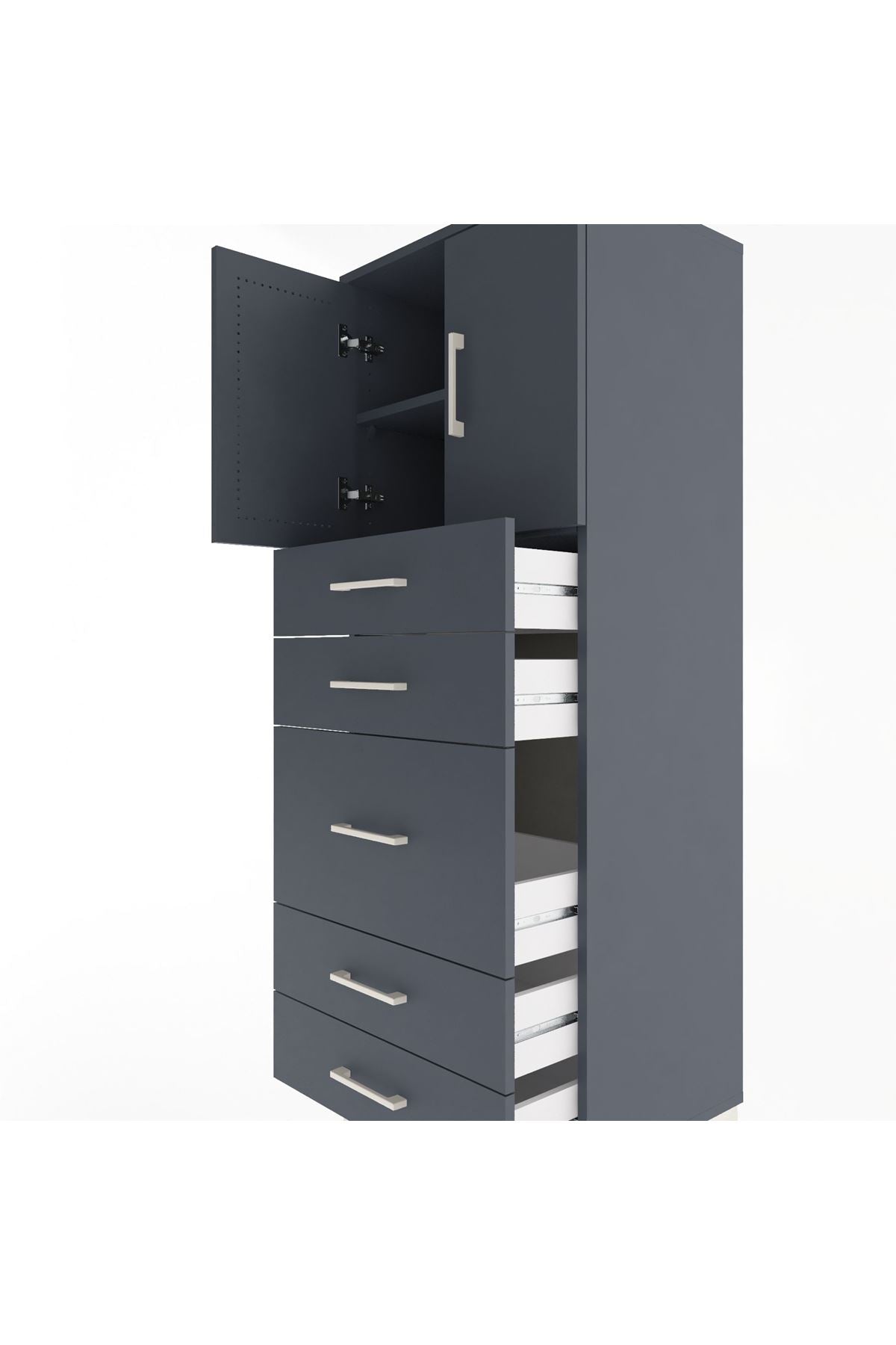 Hyperion Dolap 2 Raflı 5 Çekmeceli 2 Kapaklı 60x44x163 Antrasit-Antrasit