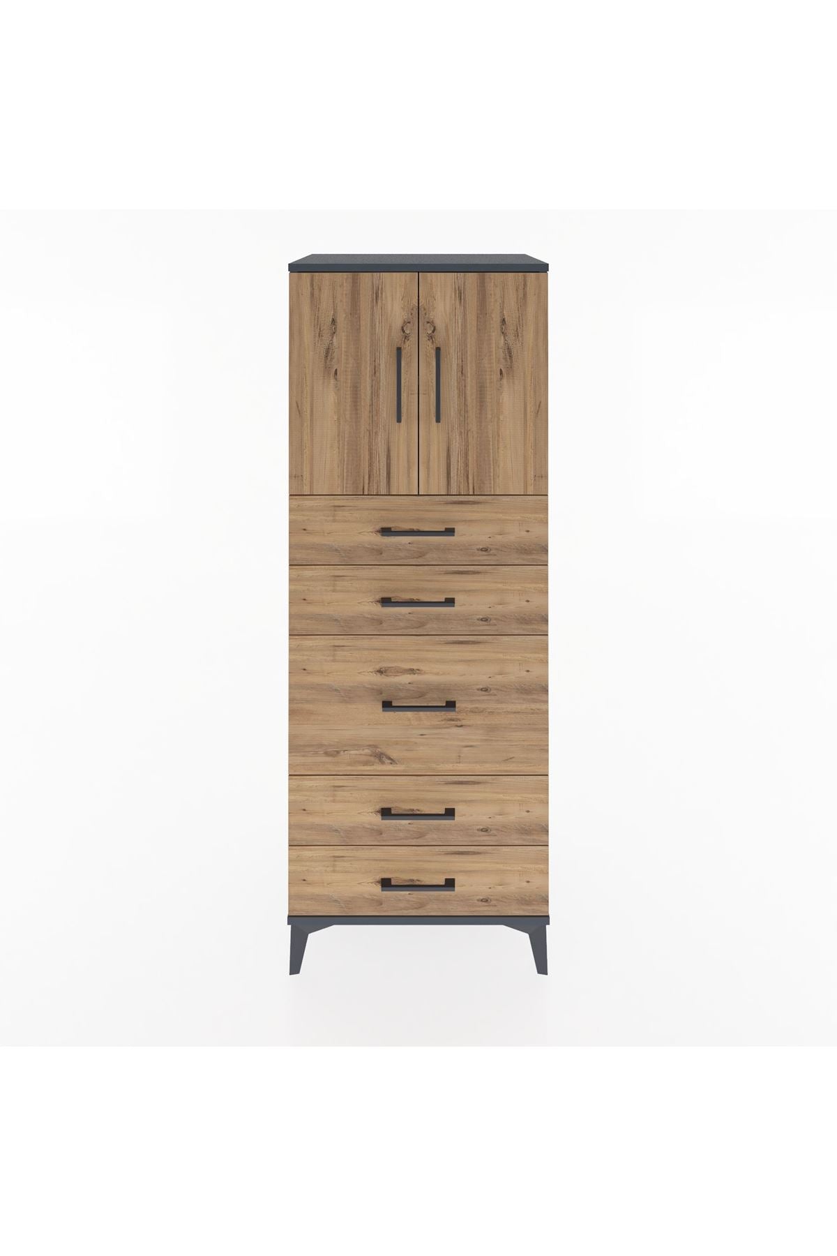 Hyperion Dolap 2 Raflı 5 Çekmeceli 2 Kapaklı 60x44x163 Antrasit-Çam