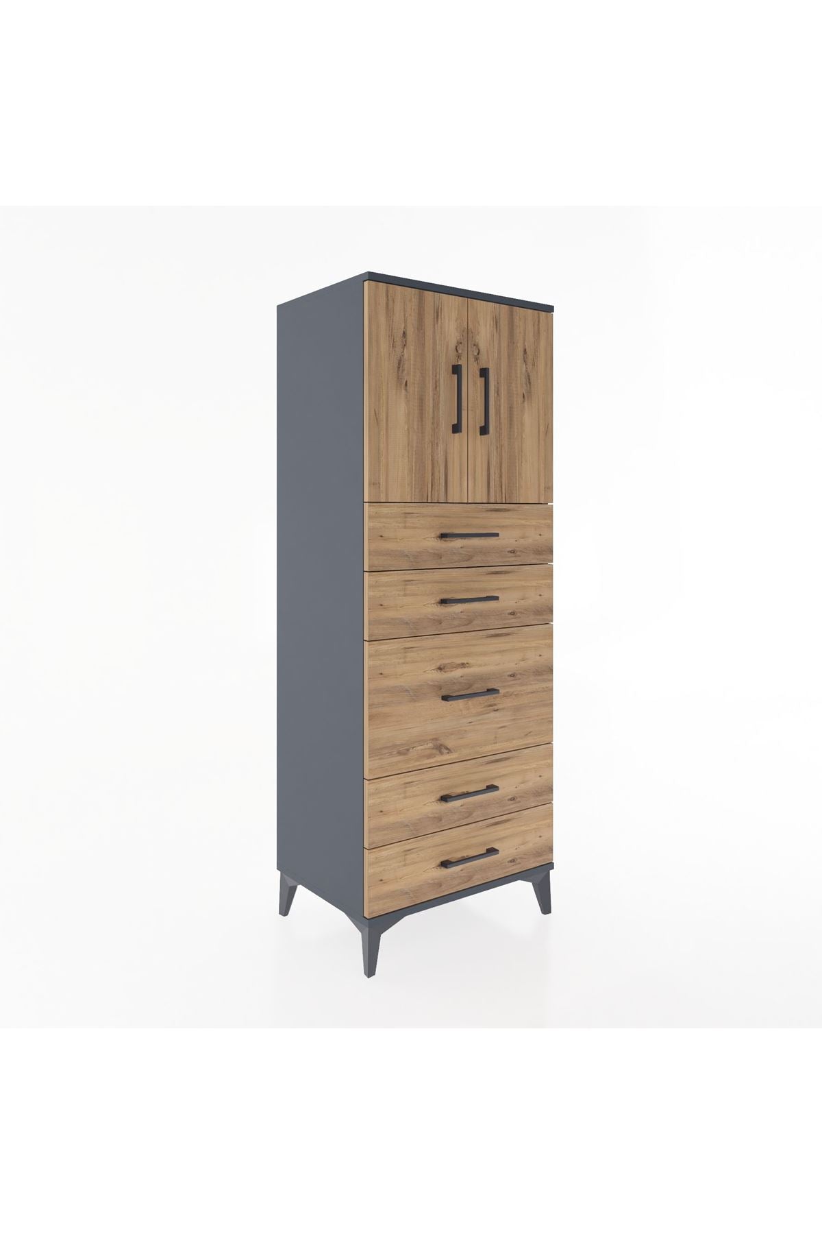 Hyperion Dolap 2 Raflı 5 Çekmeceli 2 Kapaklı 60x44x163 Antrasit-Çam