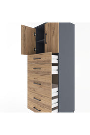 Hyperion Dolap 2 Raflı 5 Çekmeceli 2 Kapaklı 60x44x163 Antrasit-Çam