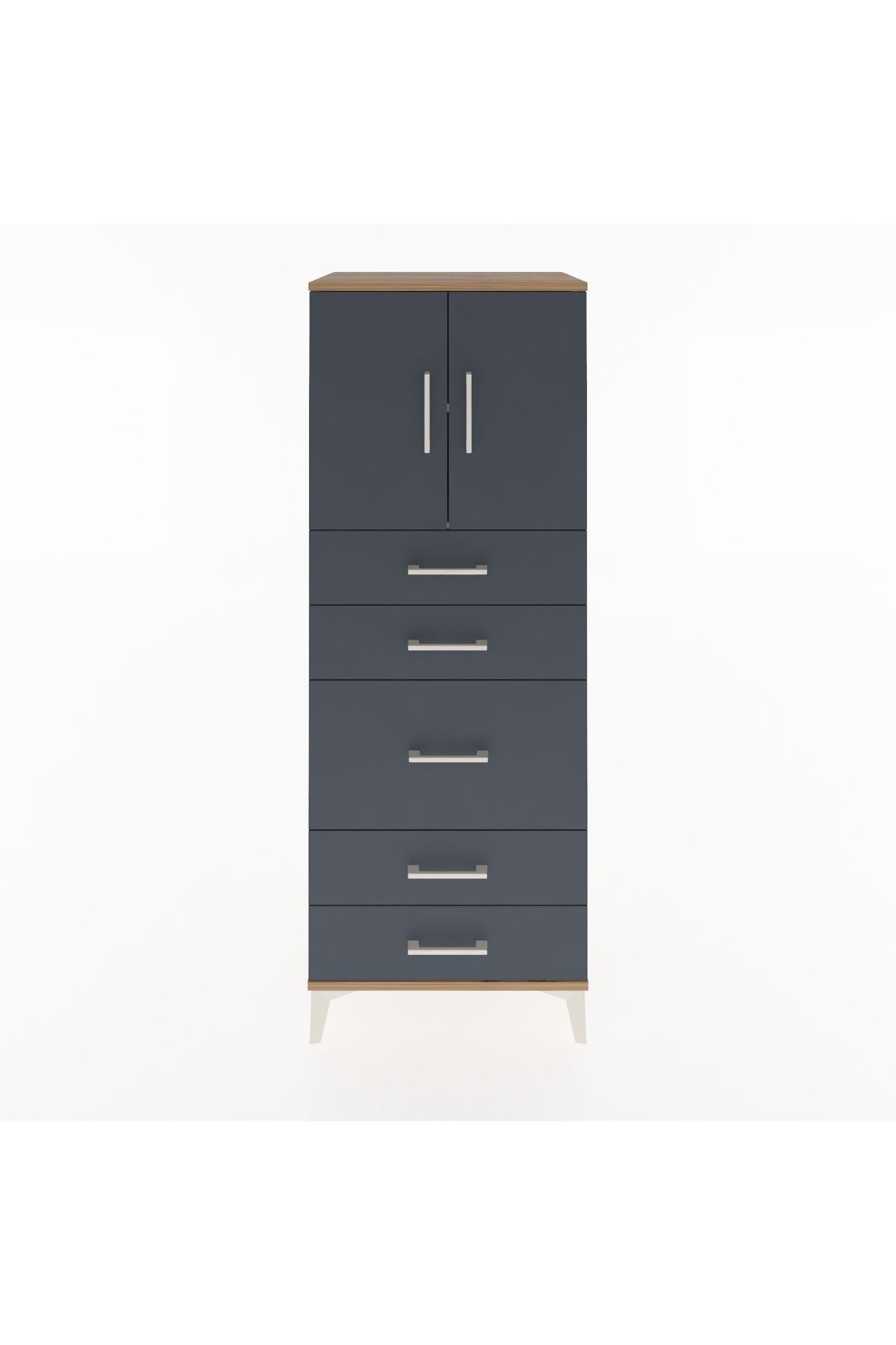 Hyperion Dolap 2 Raflı 5 Çekmeceli 2 Kapaklı 60x44x163 Çam-Antrasit