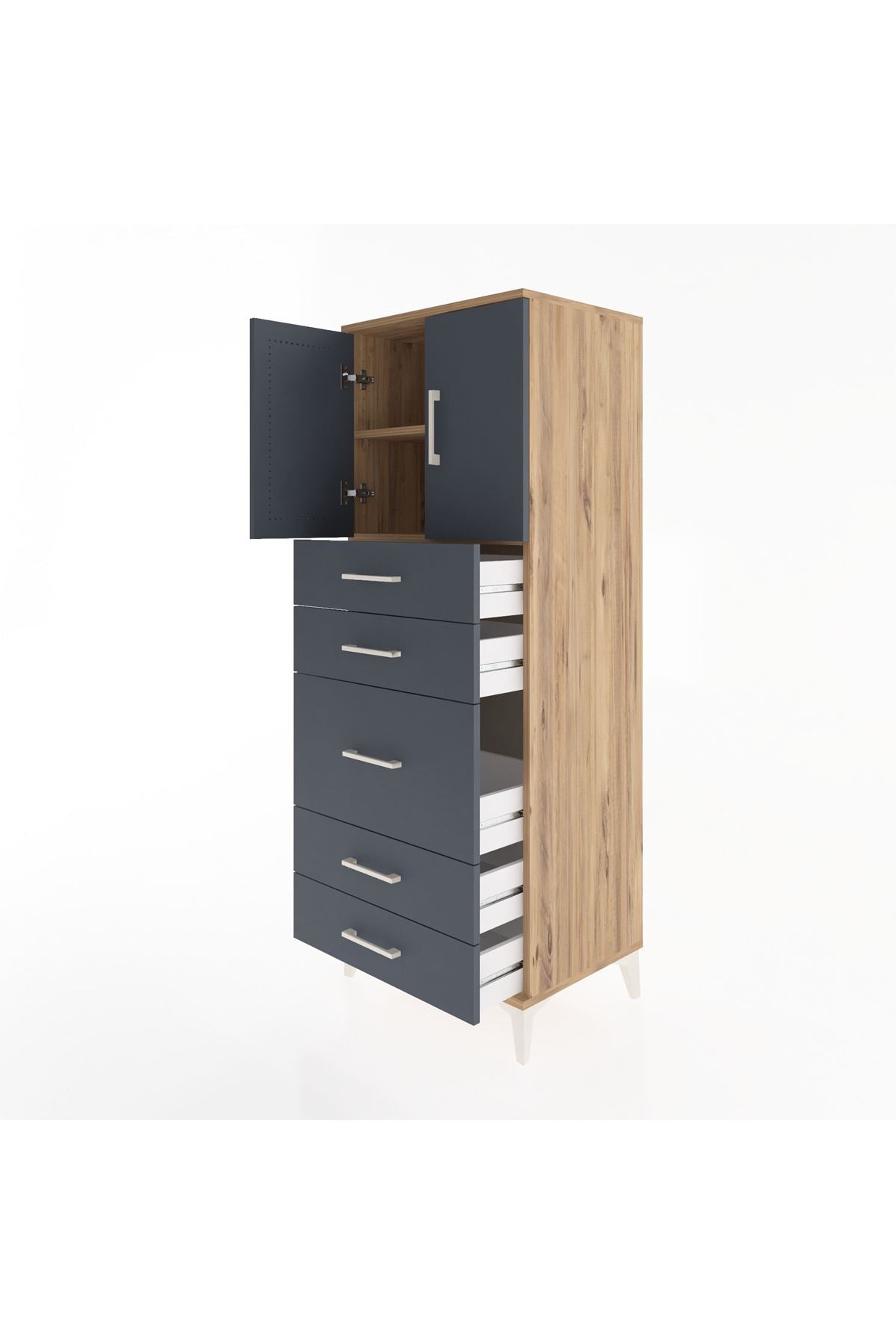 Hyperion Dolap 2 Raflı 5 Çekmeceli 2 Kapaklı 60x44x163 Çam-Antrasit