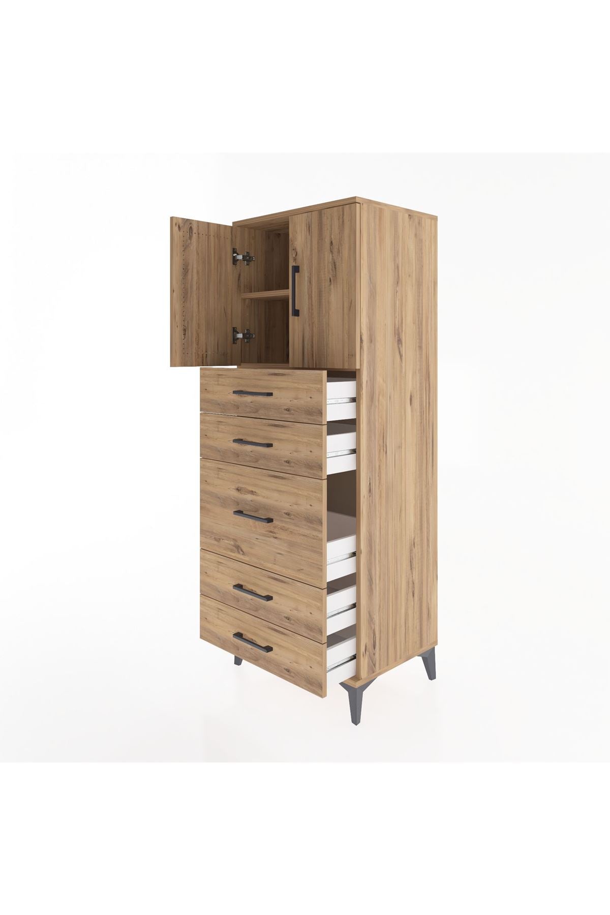 Hyperion Dolap 2 Raflı 5 Çekmeceli 2 Kapaklı 60x44x163 Çam-Çam