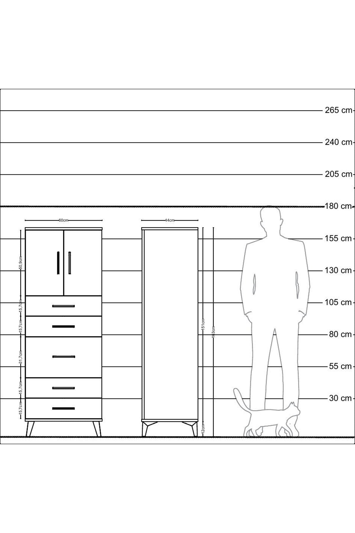Hyperion Dolap 2 Raflı 5 Çekmeceli 2 Kapaklı 60x44x163 Çam-Çam