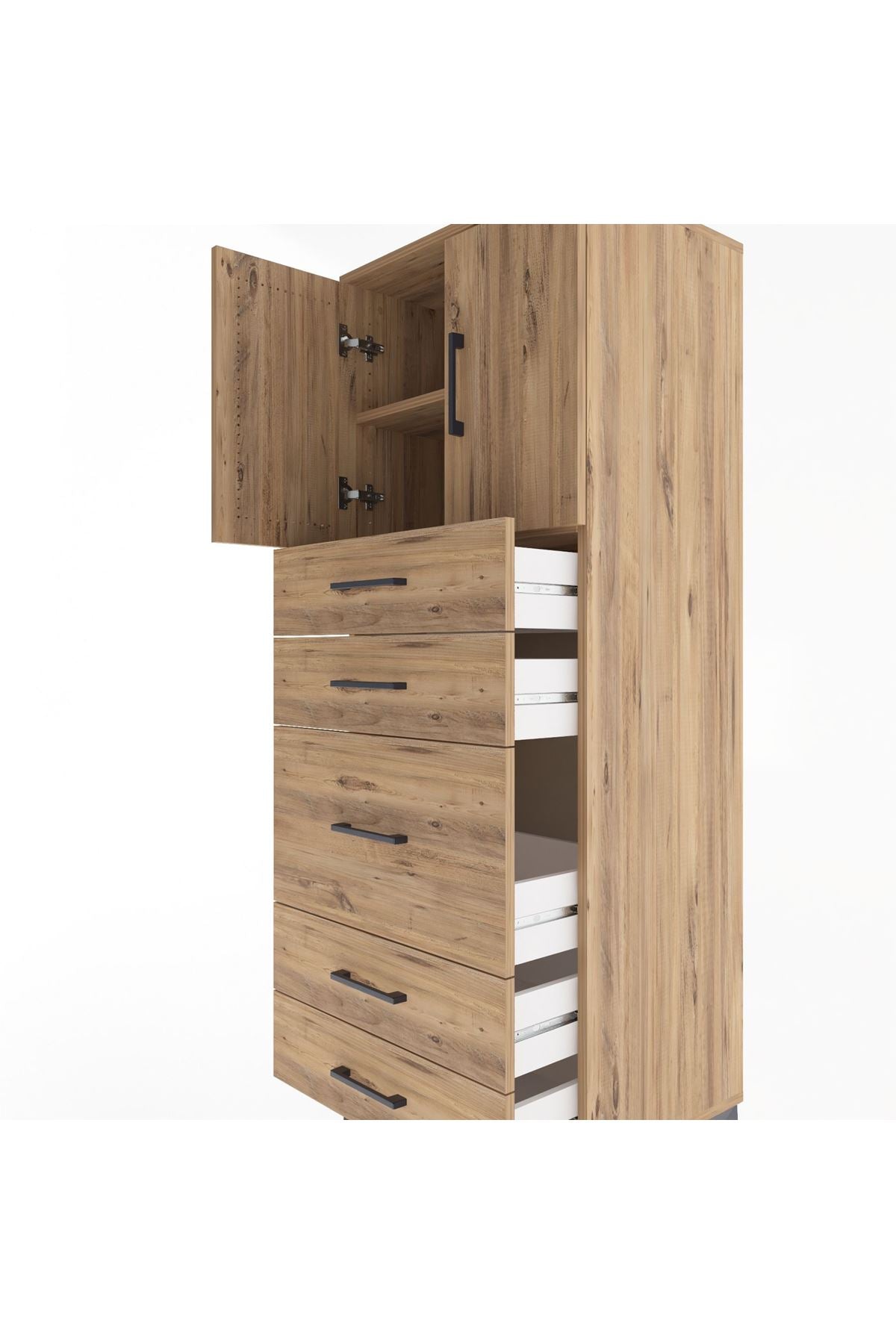 Hyperion Dolap 2 Raflı 5 Çekmeceli 2 Kapaklı 60x44x163 Çam-Çam