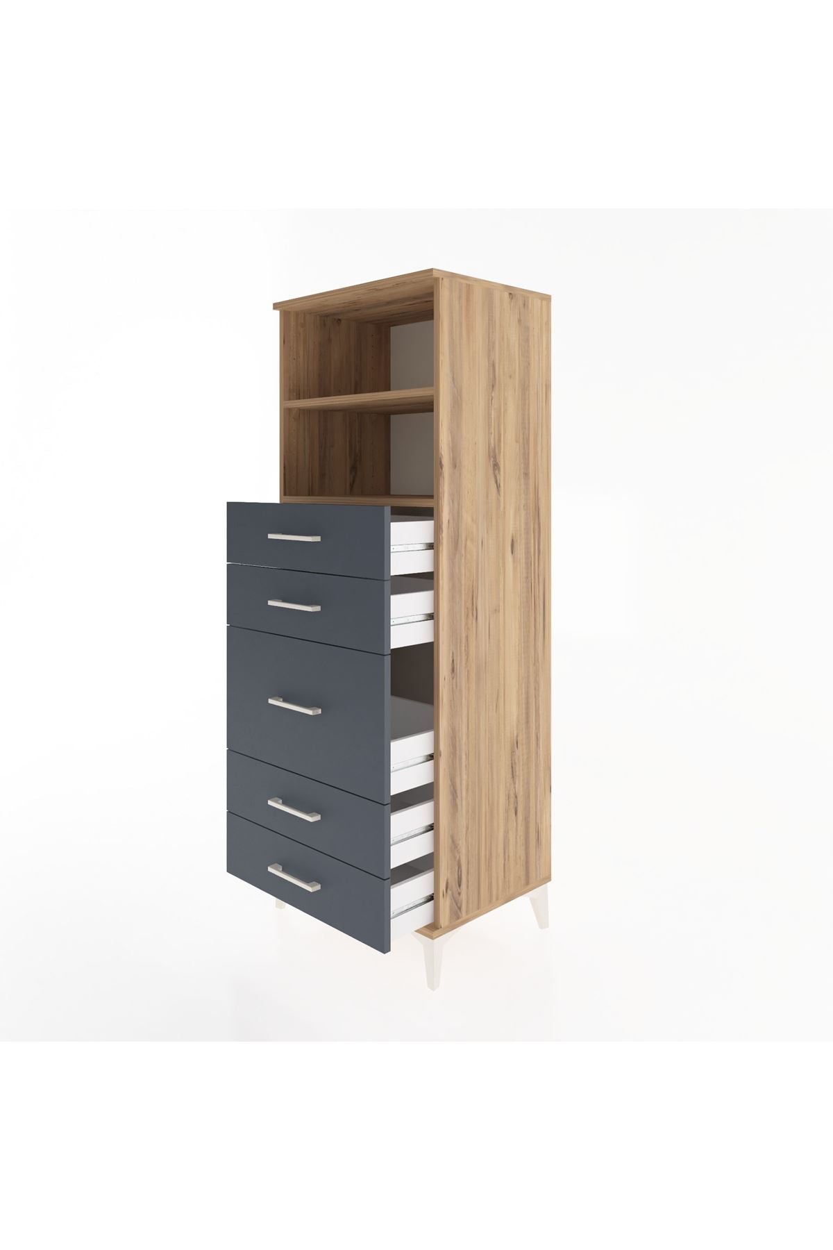 Hyperion Dolap 2 Raflı 5 Çekmeceli 60x44x163 Çam-Antrasit