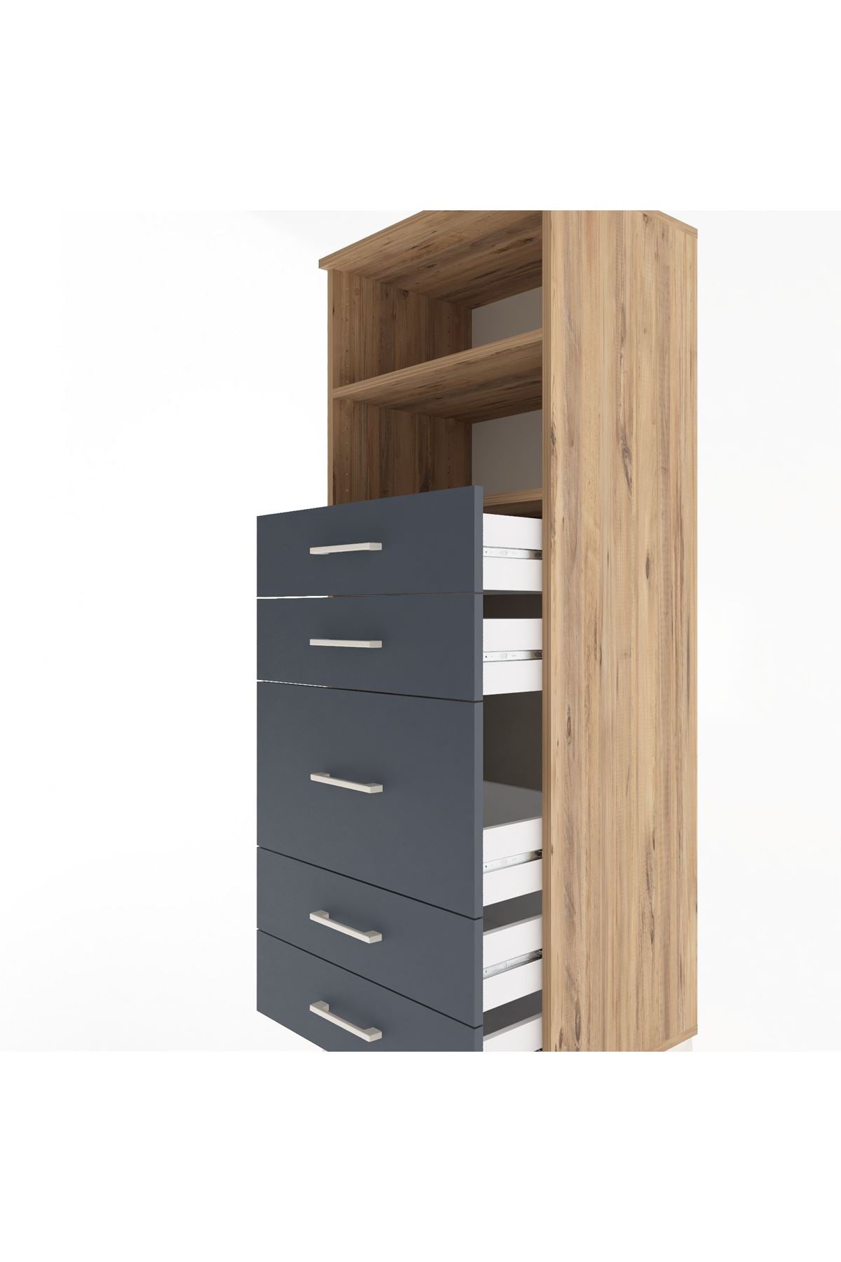 Hyperion Dolap 2 Raflı 5 Çekmeceli 60x44x163 Çam-Antrasit