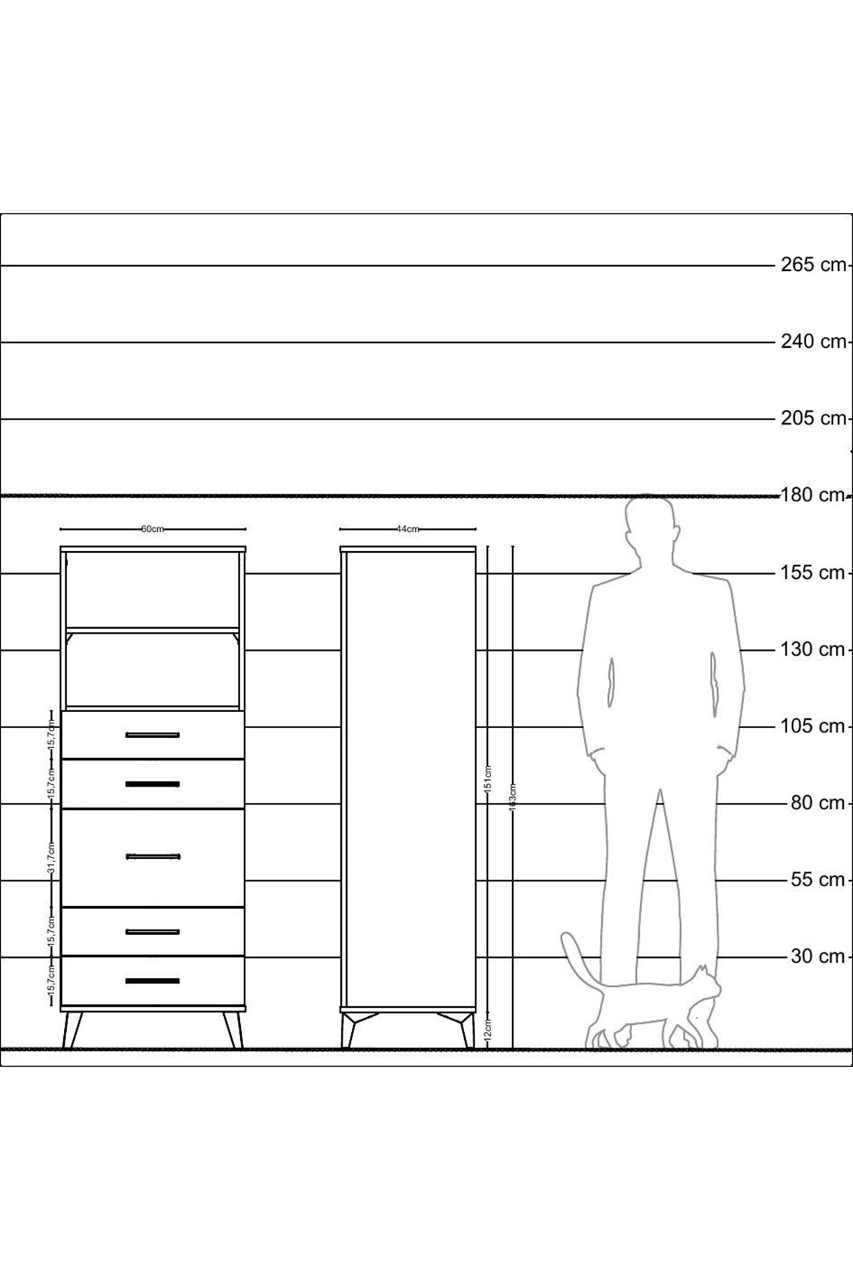 Hyperion Dolap 2 Raflı 5 Çekmeceli 60x44x163 Çam-Çam