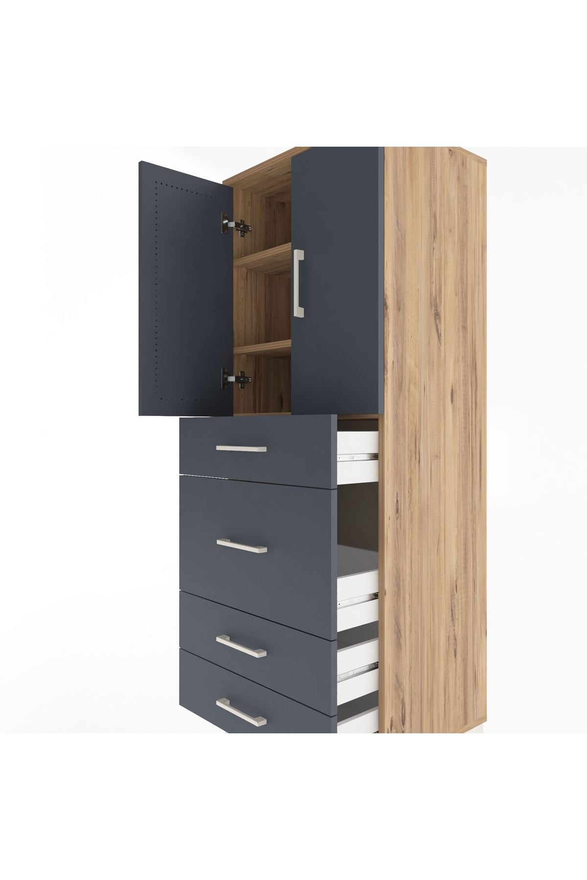 Hyperion Dolap 3 Raflı 4 Çekmeceli 2 Kapaklı 60x44x163 Çam-Antrasit