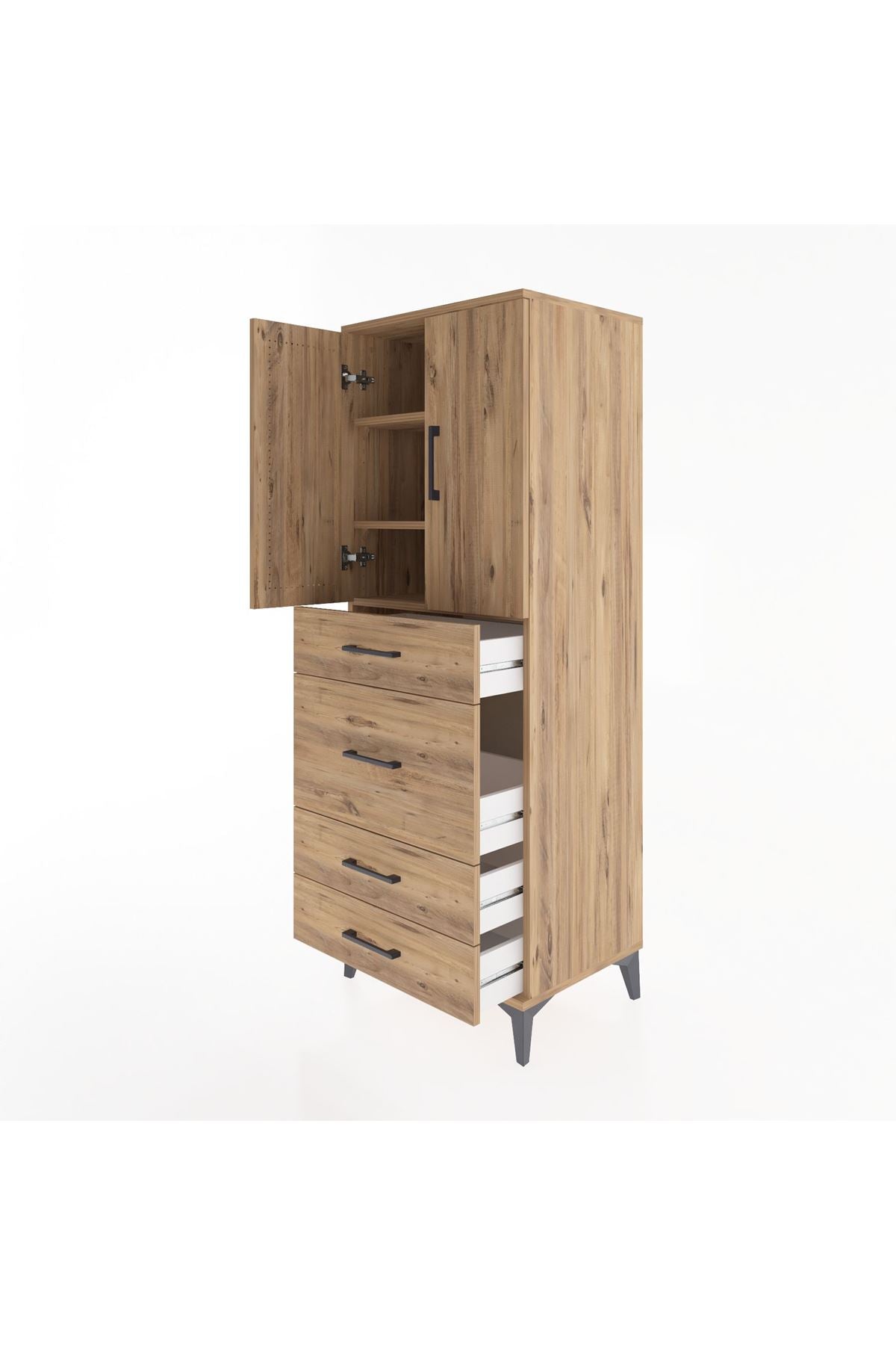 Hyperion Dolap 3 Raflı 4 Çekmeceli 2 Kapaklı 60x44x163 Çam-Çam