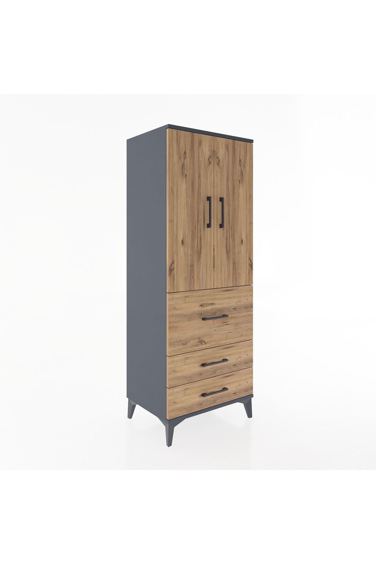 Hyperion Dolap 3 Raflı 3 Çekmeceli 2 Kapaklı 60x44x163 Antrasit-Çam