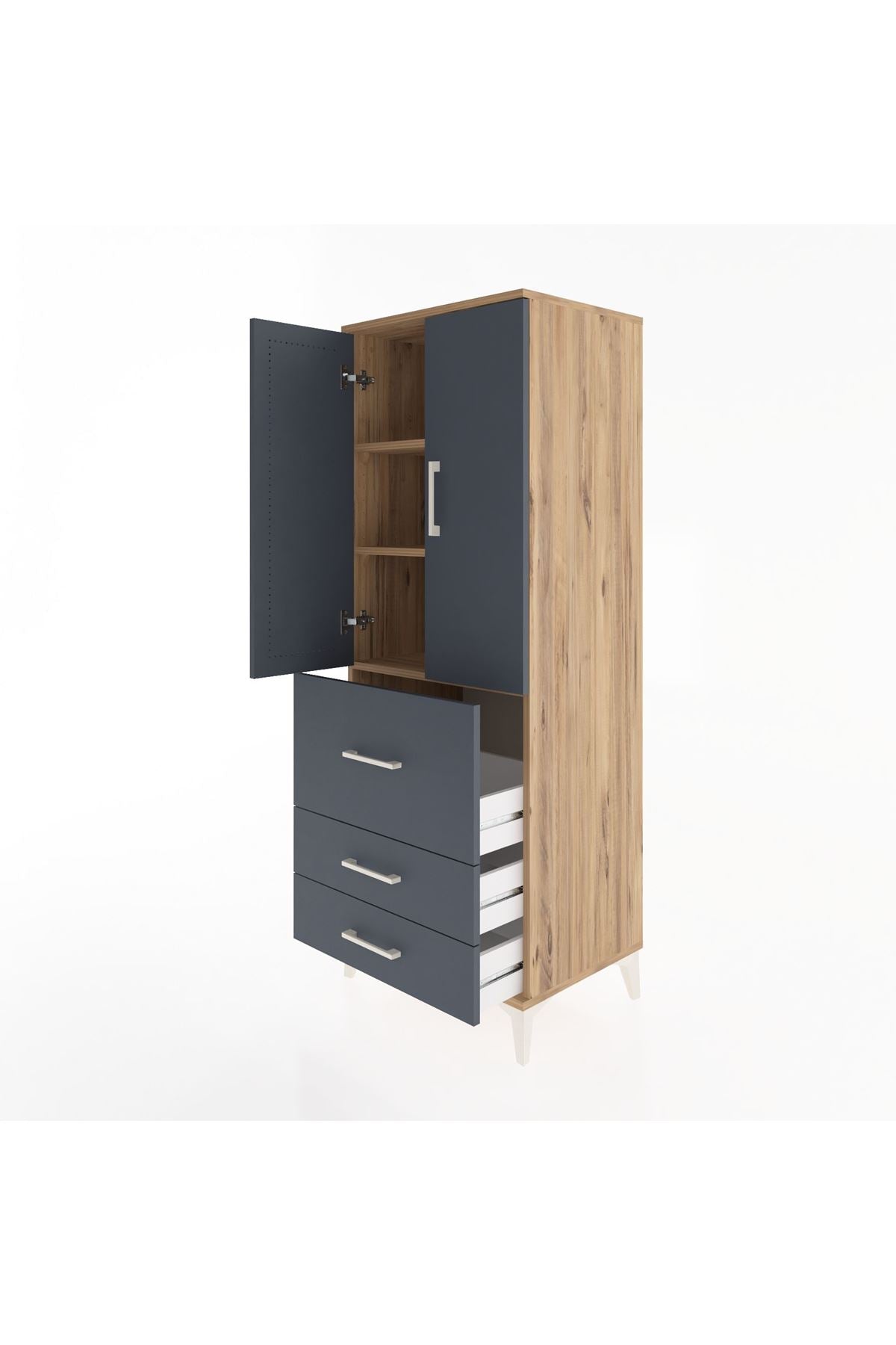 Hyperion Dolap 3 Raflı 3 Çekmeceli 2 Kapaklı 60x44x163 Çam-Antrasit