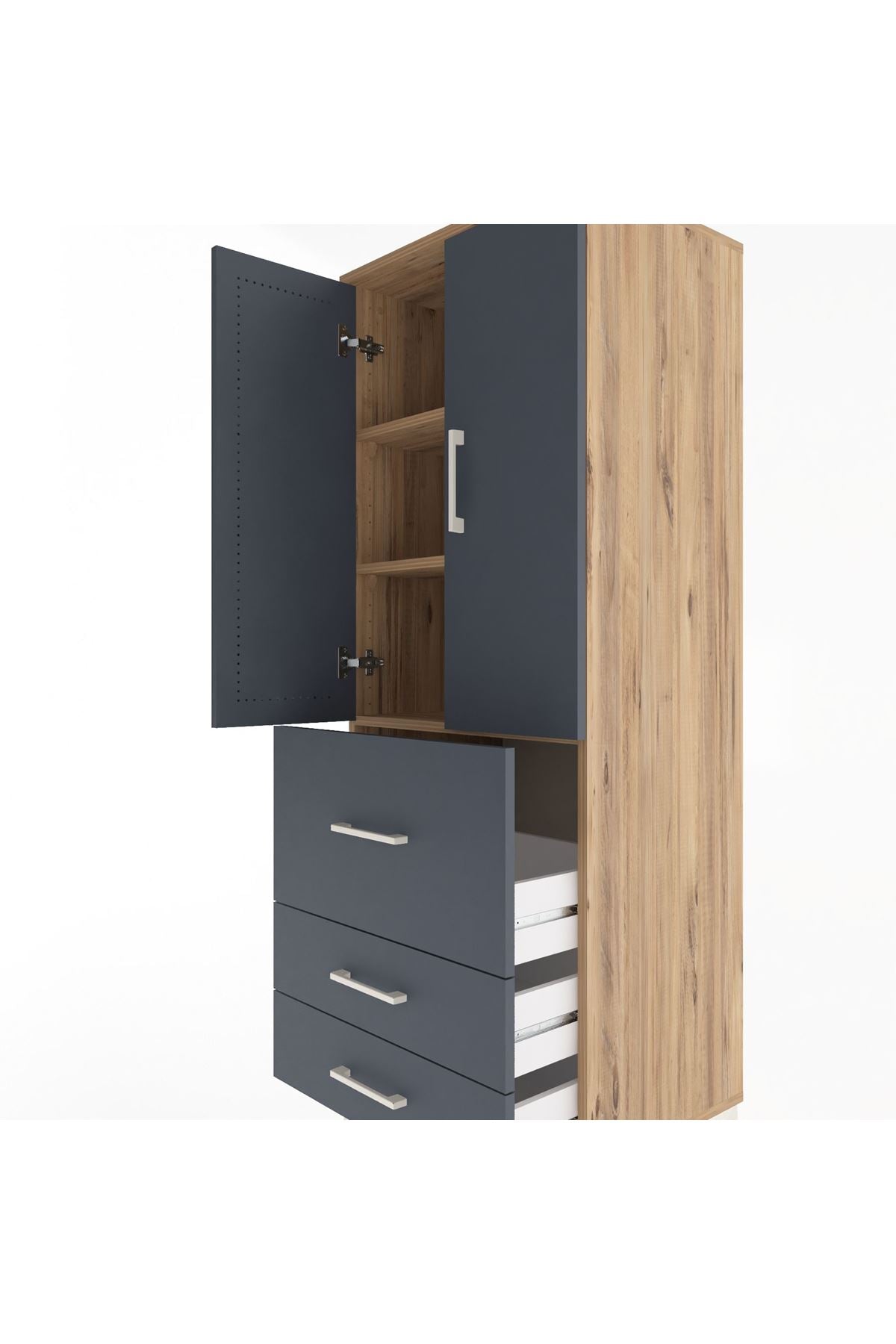 Hyperion Dolap 3 Raflı 3 Çekmeceli 2 Kapaklı 60x44x163 Çam-Antrasit