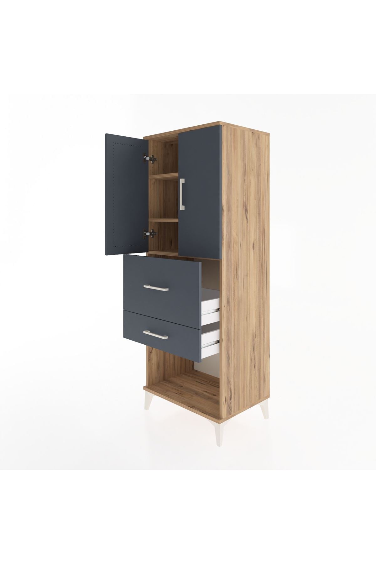 Hyperion Dolap 3 Raflı 2 Çekmeceli 2 Kapaklı 60x44x163 Çam-Antrasit