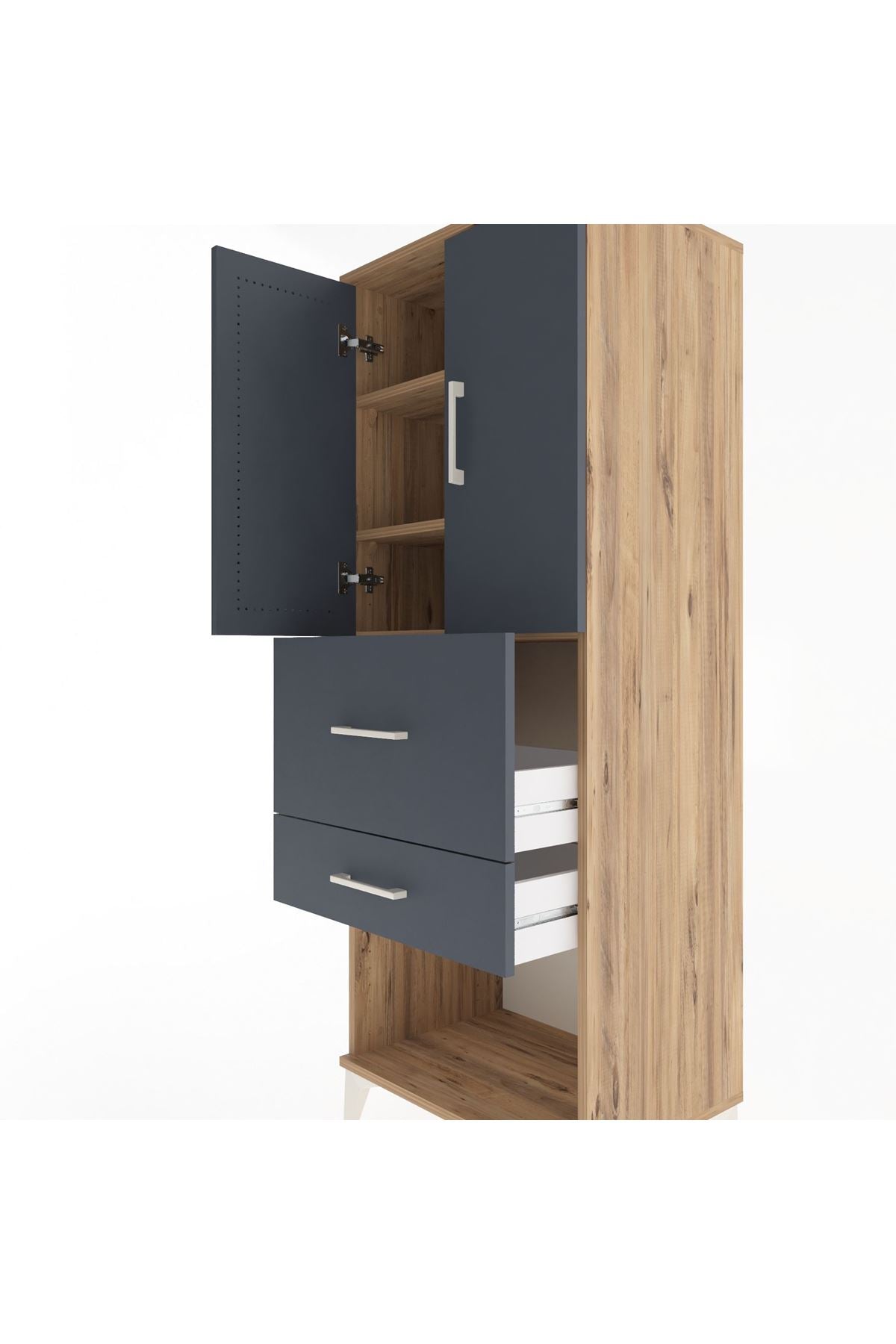 Hyperion Dolap 3 Raflı 2 Çekmeceli 2 Kapaklı 60x44x163 Çam-Antrasit