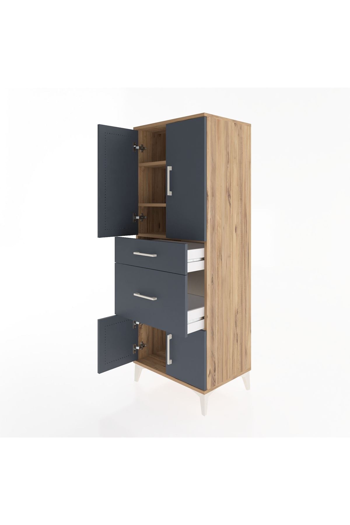 Hyperion Dolap 3 Raflı 2 Çekmeceli 4 Kapaklı 60x44x163 Çam-Antrasit