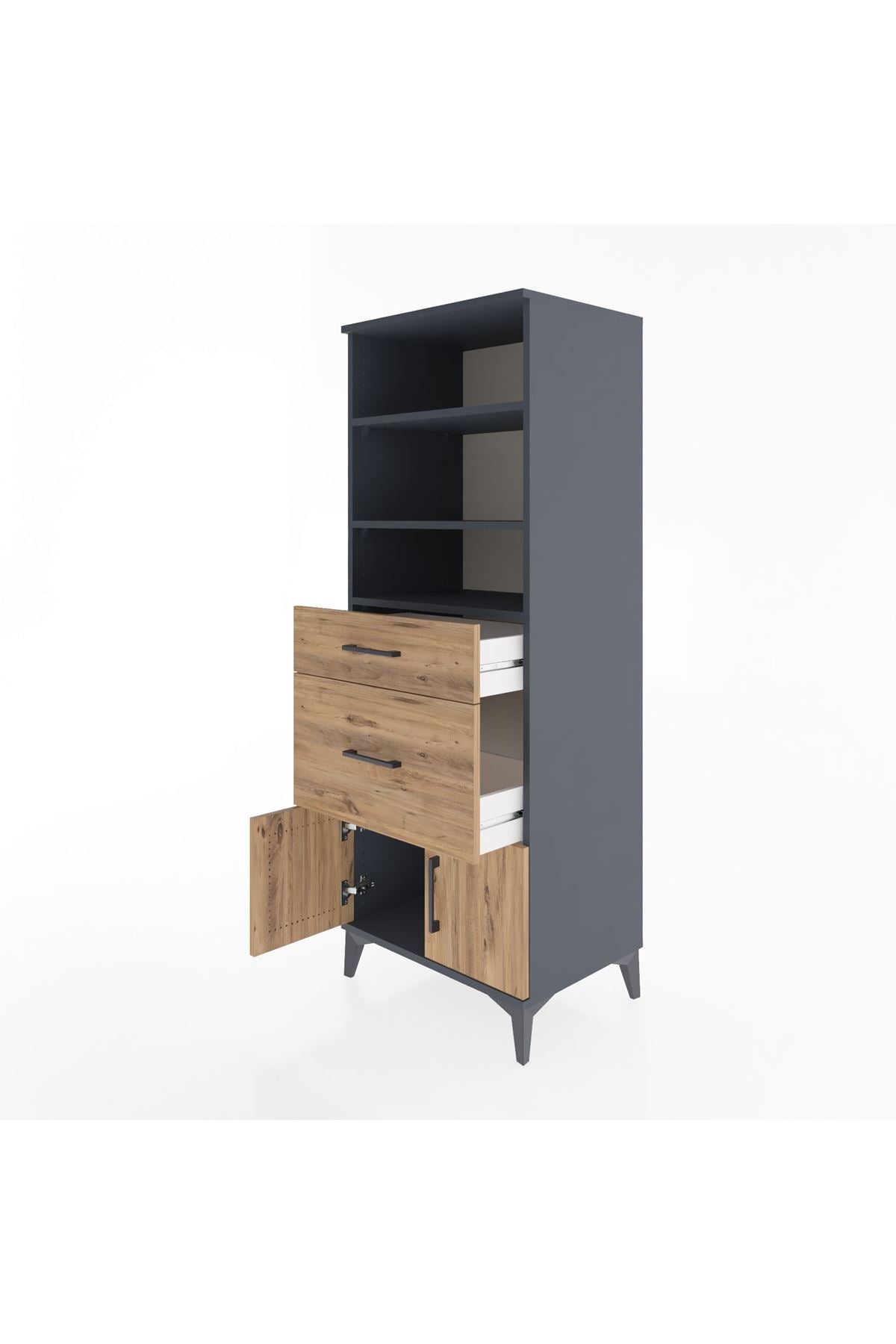 Hyperion Dolap 3 Raflı 2 Çekmeceli 2 Kapaklı 60x44x163 Antrasit-Çam