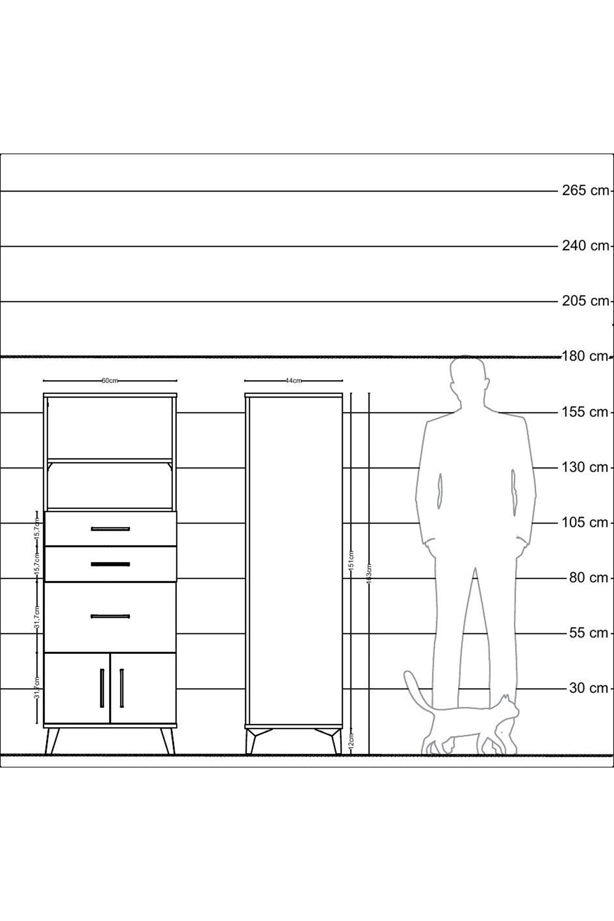 Hyperion Dolap 2 Raflı 3 Çekmeceli 2 Kapaklı 60x44x163 Çam-Antrasit